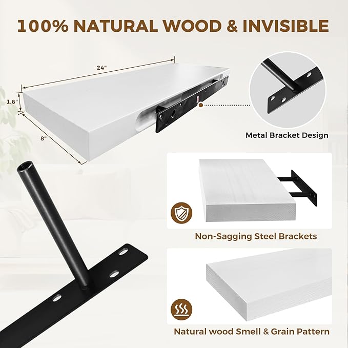 24x8x1.6 inch Floating Shelves Set of 2 – Solid Wood Rustic White Wall Mounted