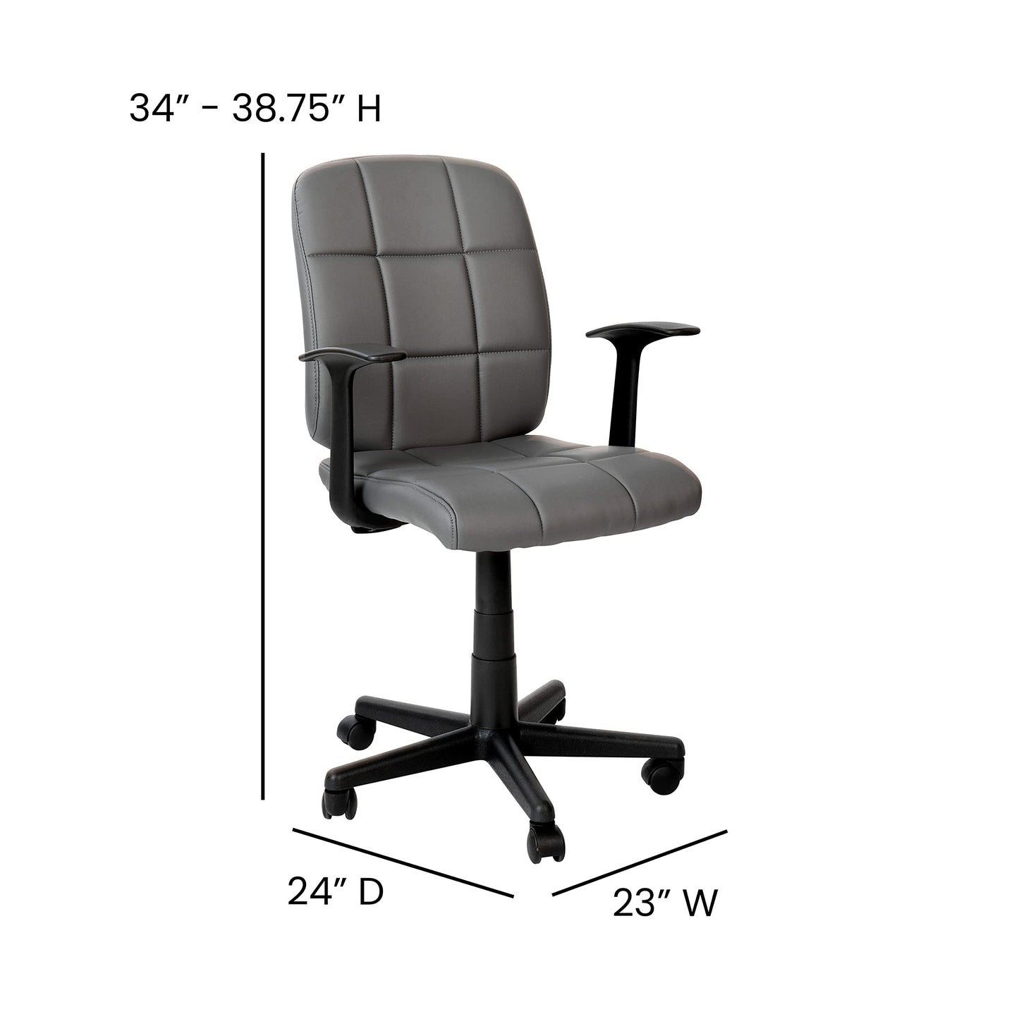 Flash Furniture Clayton Mid Back Swivel Task Chair with Arms - Gray Vinyl Upholstery - Tufted Back and 360° Swivel