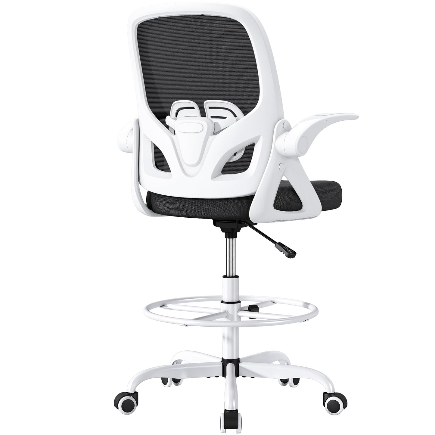 ORRSAKER Drafting Chair, Tall Office Chair with Flip-up Arms, Mesh Ergonomic Computer Standing Desk Chair with Adjustable Height Foot Ring and Lumbar Support, 300 LBS Capacity, White