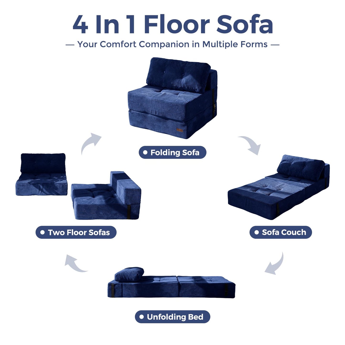 MAXYOYO Folding Sofa Bed, Convertible Chair Bed with High-Density Support Foam, Portable 4 in 1 Fold Out Seating to Floor Lounger, Versatile Floor Sofa Couch for Living Room Bedroom, Navy