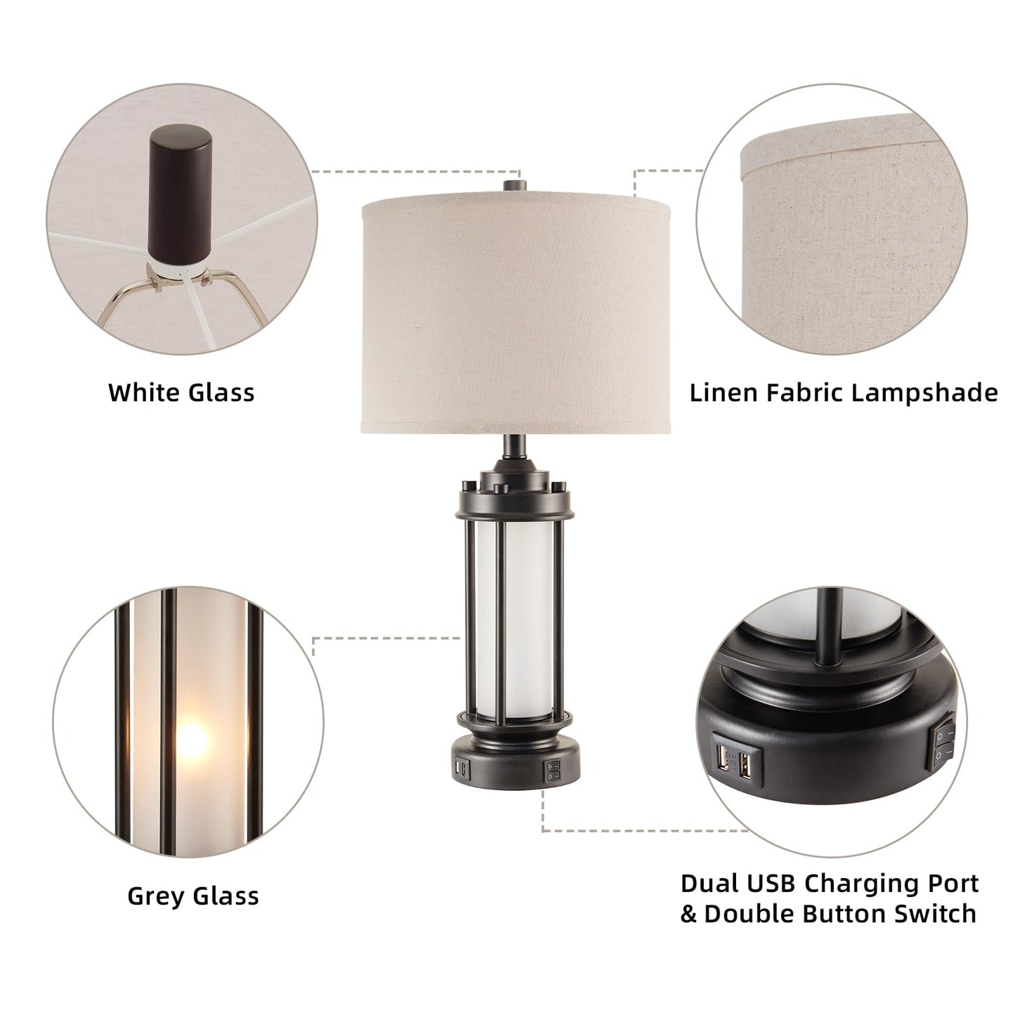 AIEAMPDO 25'' Set of 2 Modern Table Lamps for Bedroom with 2 USB C+A Ports