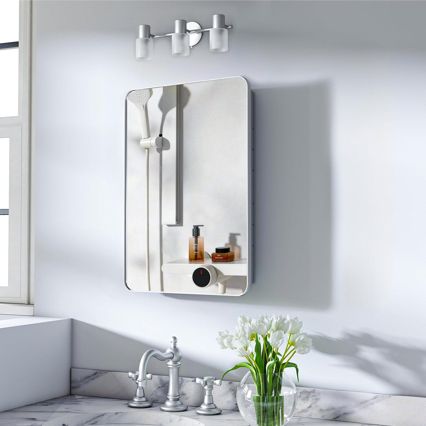 Venlus Silver Medicine Cabinet with Mirror, 16x24 Fully Assembled Recessed or Surface Mount Bathroom Medicine Cabinet, Metal Mirrored Cabinet with Adjustable Storage Shelves