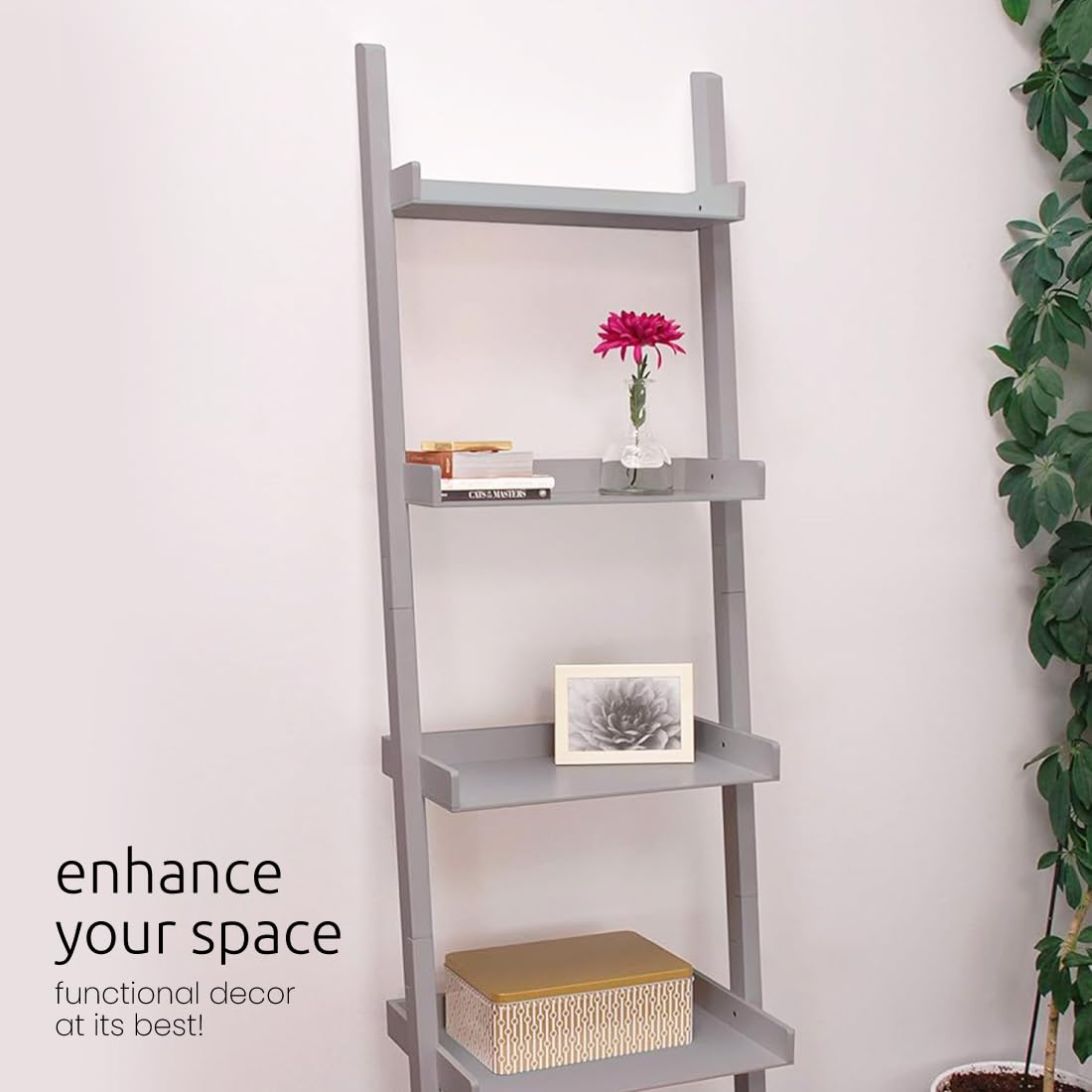 Kiera Grace Providence Hadfield 5 Tier Ladder Shelf, Leaning Bookshelf Storage Rack for Home, Office, 18" x 67", Cloud Grey