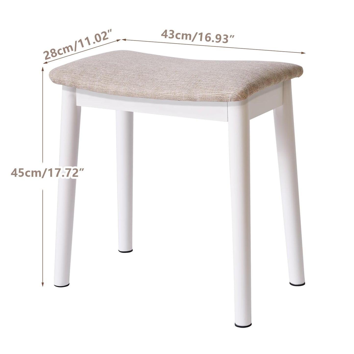 IBUYKE Saddle Cushion Vanity Stool Chair, Foot Rest Stool with Solid Wood Legs, Modern Vanity Bench Ottoman for Piano, Upholstered Seat for Bedroom, Entryway, White Legs&Light Linen WBD007WY