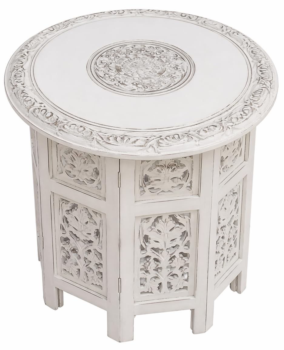 The Wooden Town Handcrafted White Wood End Table - Antique Finish, Small Accent Table 18"x18" for Living Room, Bedroom, Sofa Side or Nightstand Use