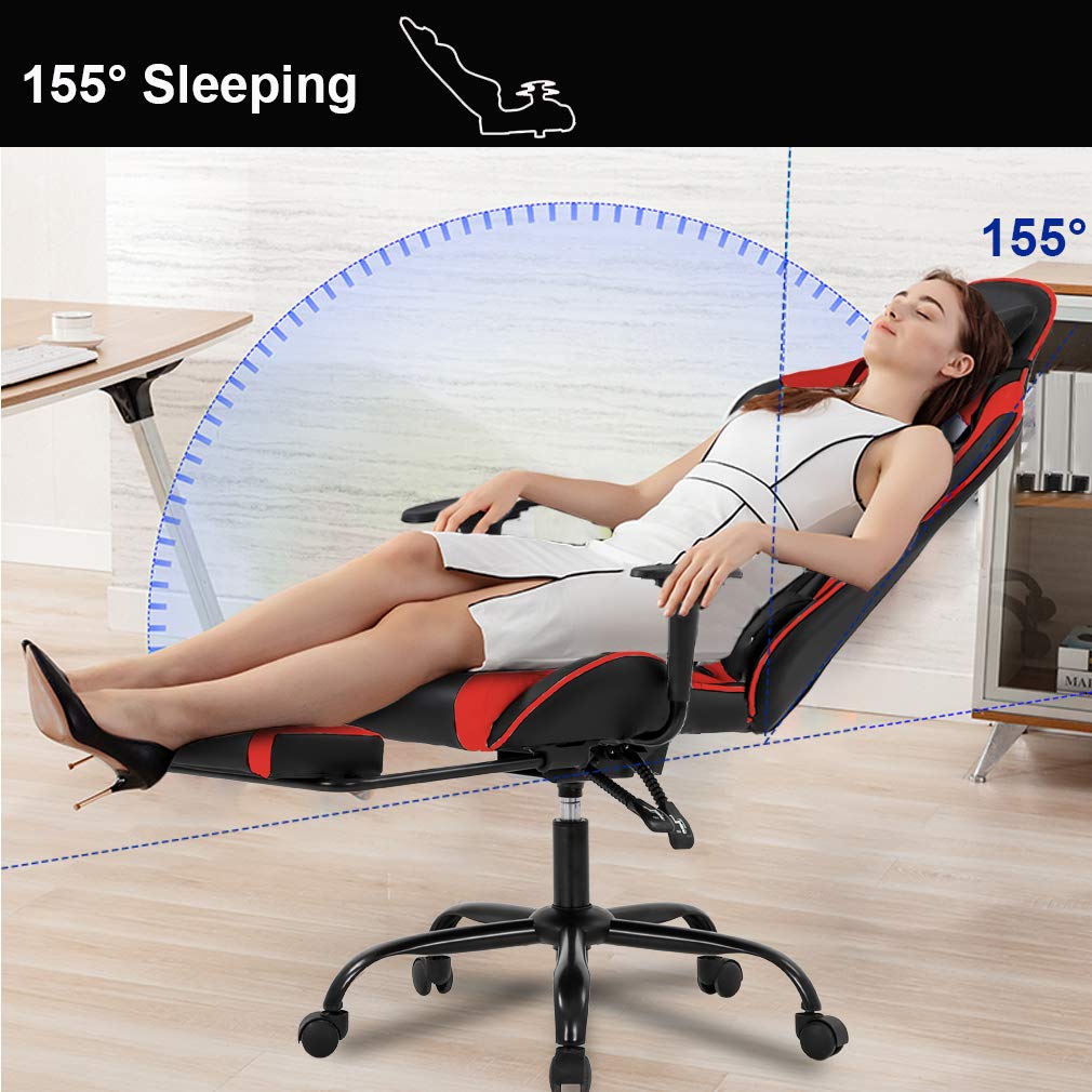 BestOffice | Ergonomic Gaming Chair | Red | Reclining Computer Chair with Lumbar Support, Headrest Pillow, Adjustable Footrests | 360 Swivel with Heavy Duty Wheels | for Home & Office