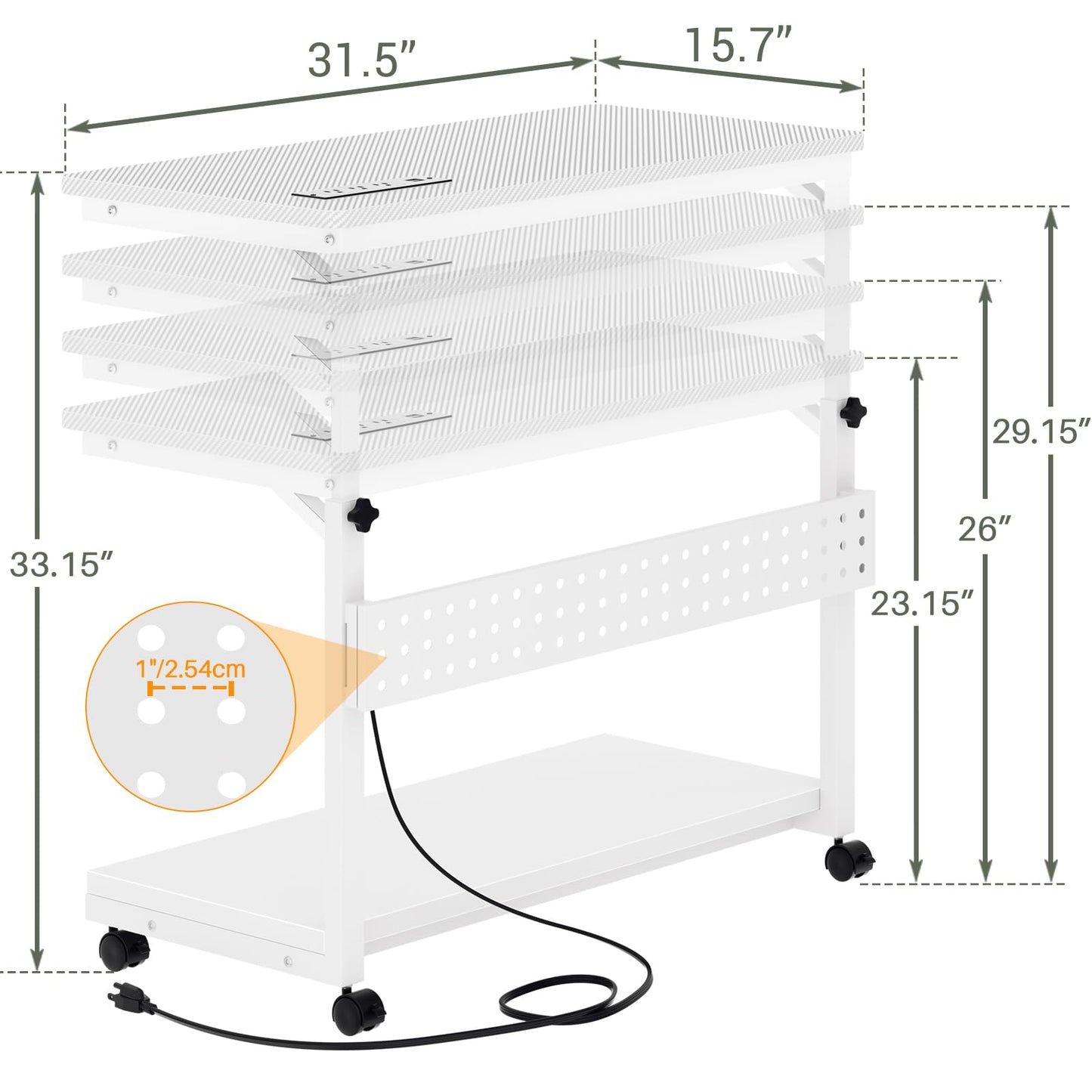 Besiost 32" Large Computer Tower Stand with Power Strips, 4 Levels Manual Height Adjustable PC Tower Stand for Under Desk, Mobile Rolling CPU Holder Computer Cart with Wheels, Carbon Fiber White