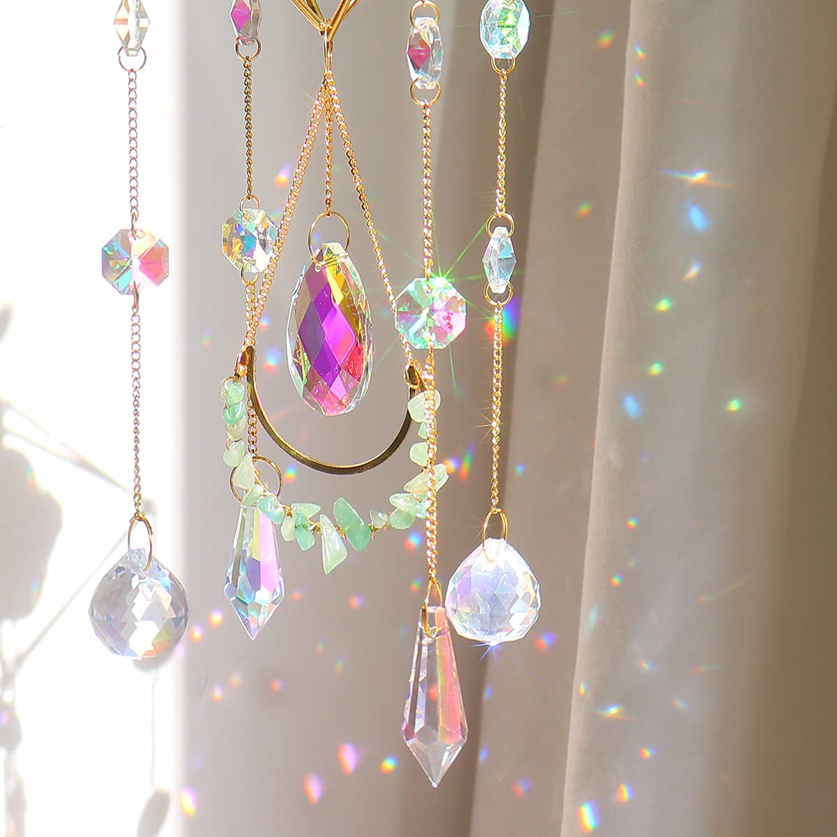 Green Fluorite Crystal Suncatcher Window Hanging Pendant Glass Prisms Decor Wind Chime Rainbow Sun Catcher for Home Garden Porch