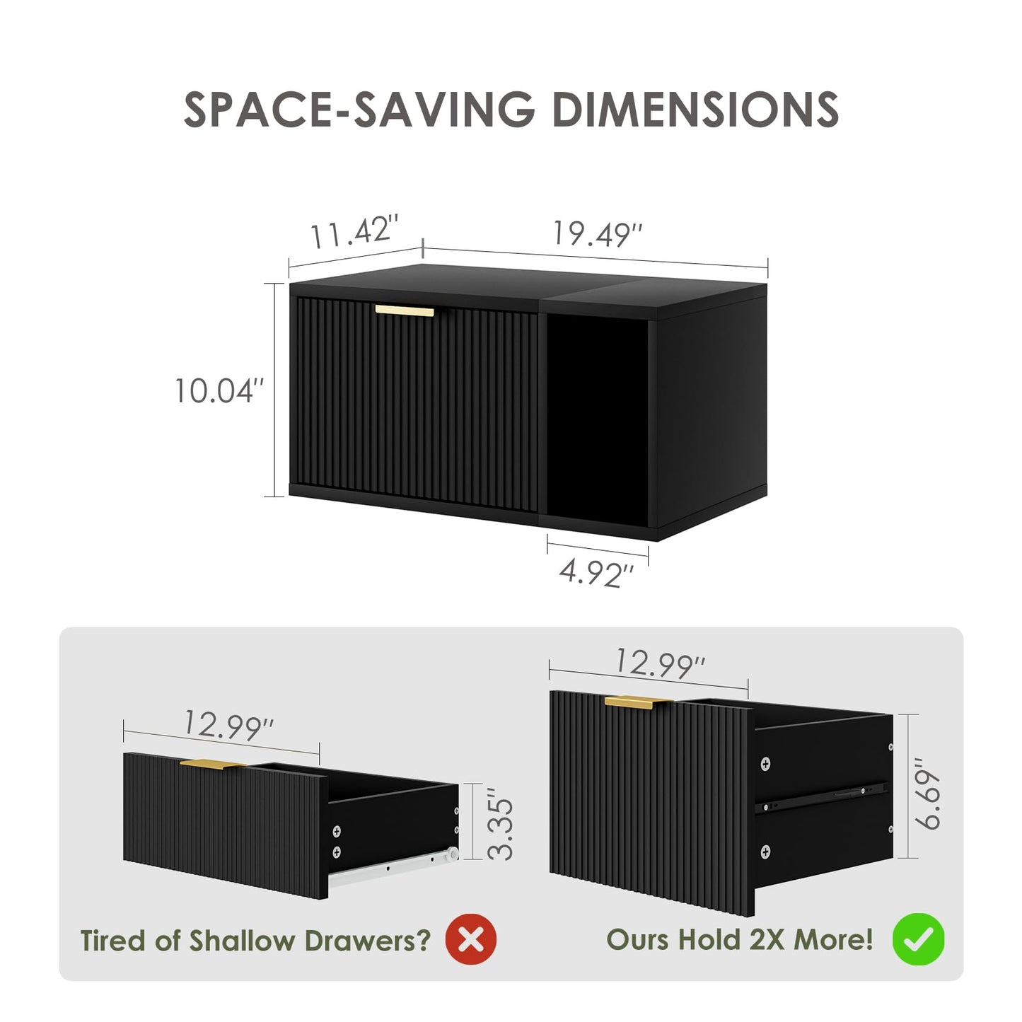 Masupu Floating Nightstand, Wall Mounted Floating Bedside Table with Storage Drawer and Open Shelf, Modern Bedroom Nightstand, 19.3" x 11.4" x 10", Black