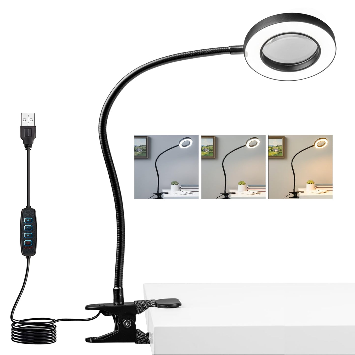 LALISU Clip on Lamp, 5X Magnifying Glass with Light LED Desk Lamp with Clamp Bright Clip Light for Bed Bedside Table, Adjustable Reading Light for Bed, Desk Lights (Black with Magnifying)