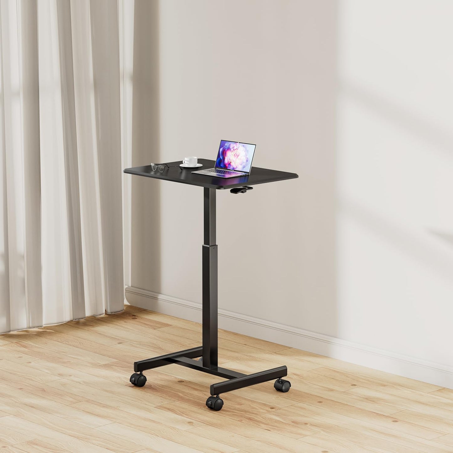 JUNHEDAMAI Mobile Standing Desk Adjustable Height, Portable Rolling Laptop Desk with Lockable Wheels and Hook, Sit Stand Up Desk, Standing Rolling Cart Desk with Gas Spring for Home, Office, Hospital