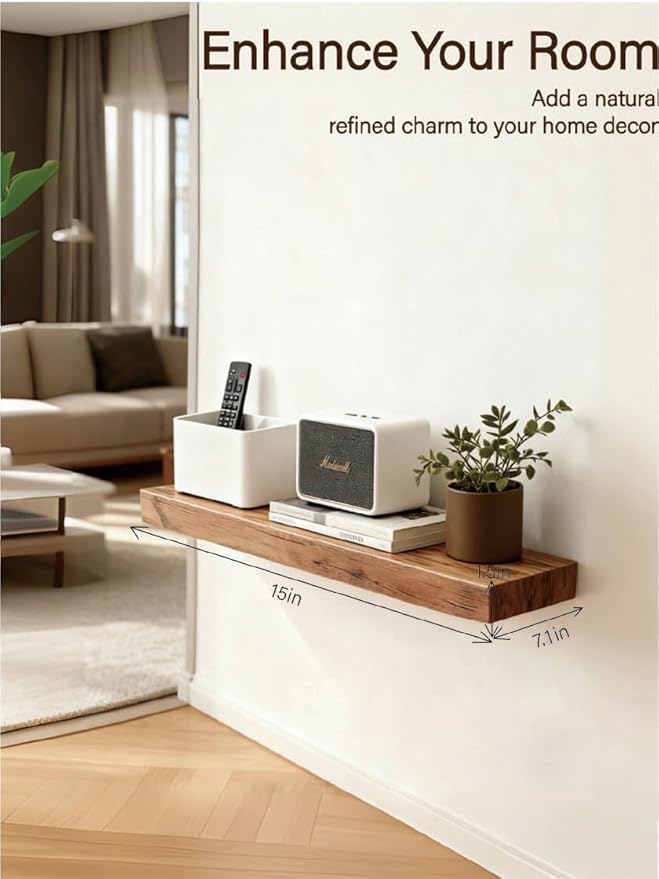 Solid Wood Floating Shelves, 15in Finished Real Wood Wall Shelves
