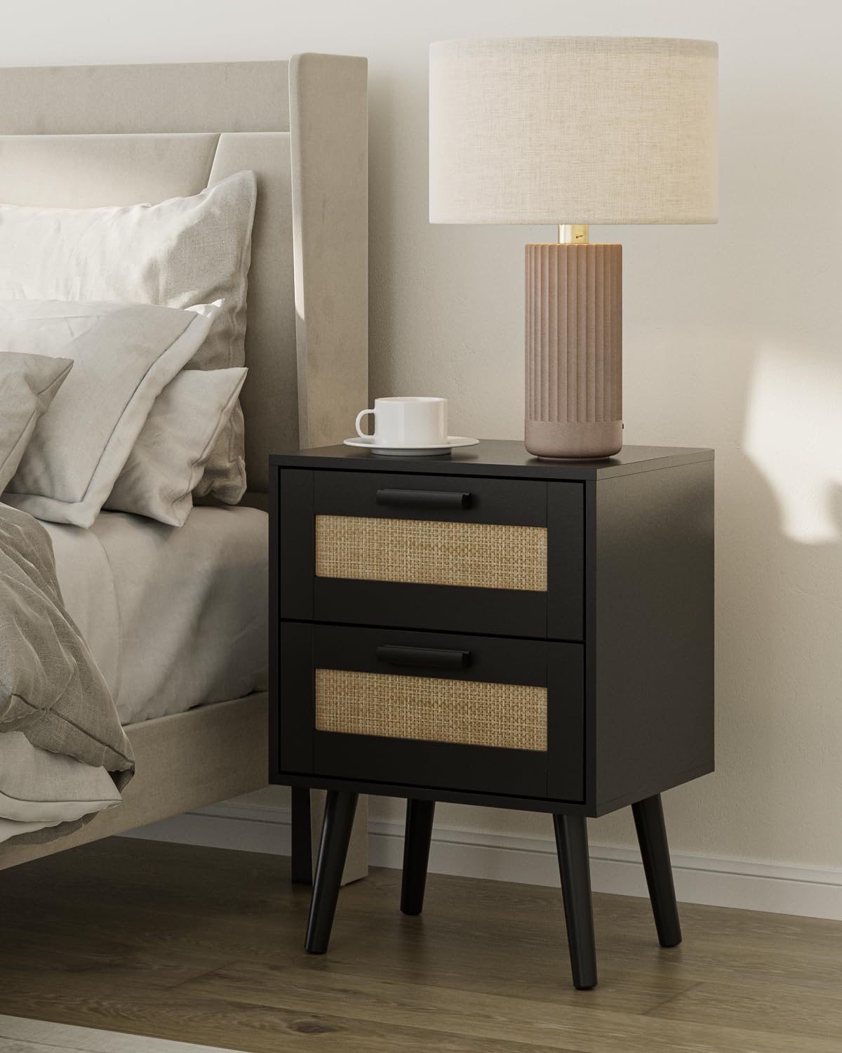 Masupu Rattan Night Stand, Modern nightstand Boho Bedside Table with 2 Drawer,Small End Side Table for Bedroom,Living Room,Office,Black