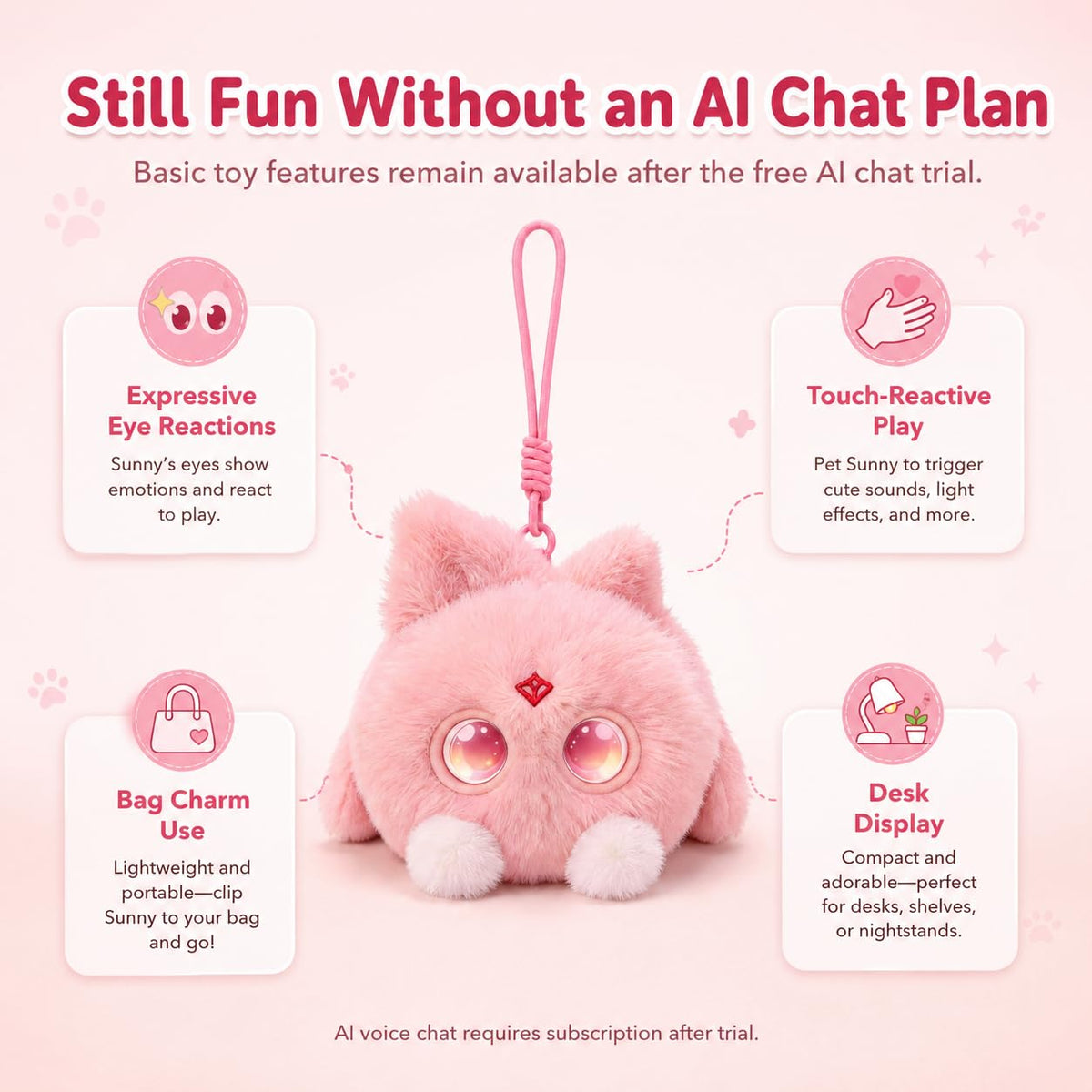 OKIVIVI AI Plush Bag Charm, Interactive Voice Chat Companion Stuffed Animals with App-Connected, Expressive LED Eyes, Touch-Reactive Stuffed Toy, Cute Plush Keychain Gift for Teens and Plush Lovers
