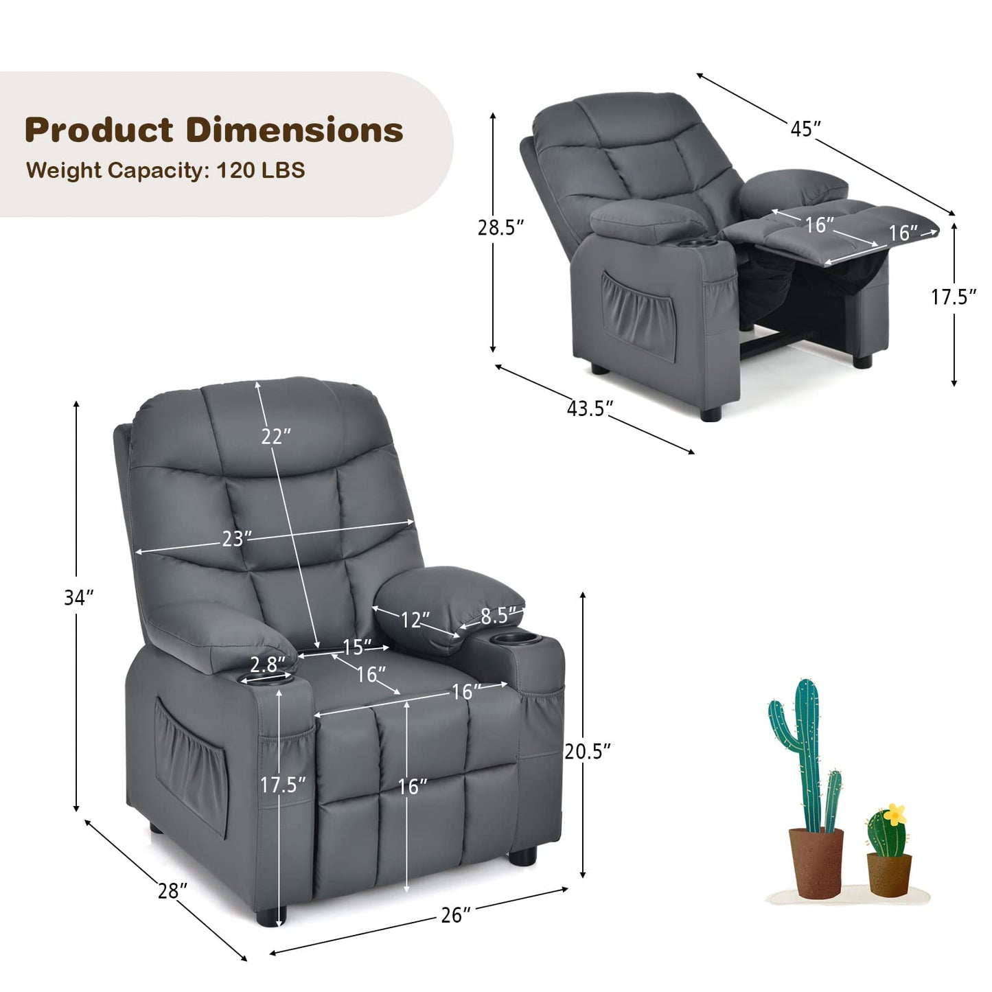 Costzon Kids Recliner Chair with Cup Holder, Adjustable Lounge Chair w/Footrest & Side Pockets for Children Boys Girls Room, Ergonomic Toddler Furniture Sofa, Kids Recliner (Grey)