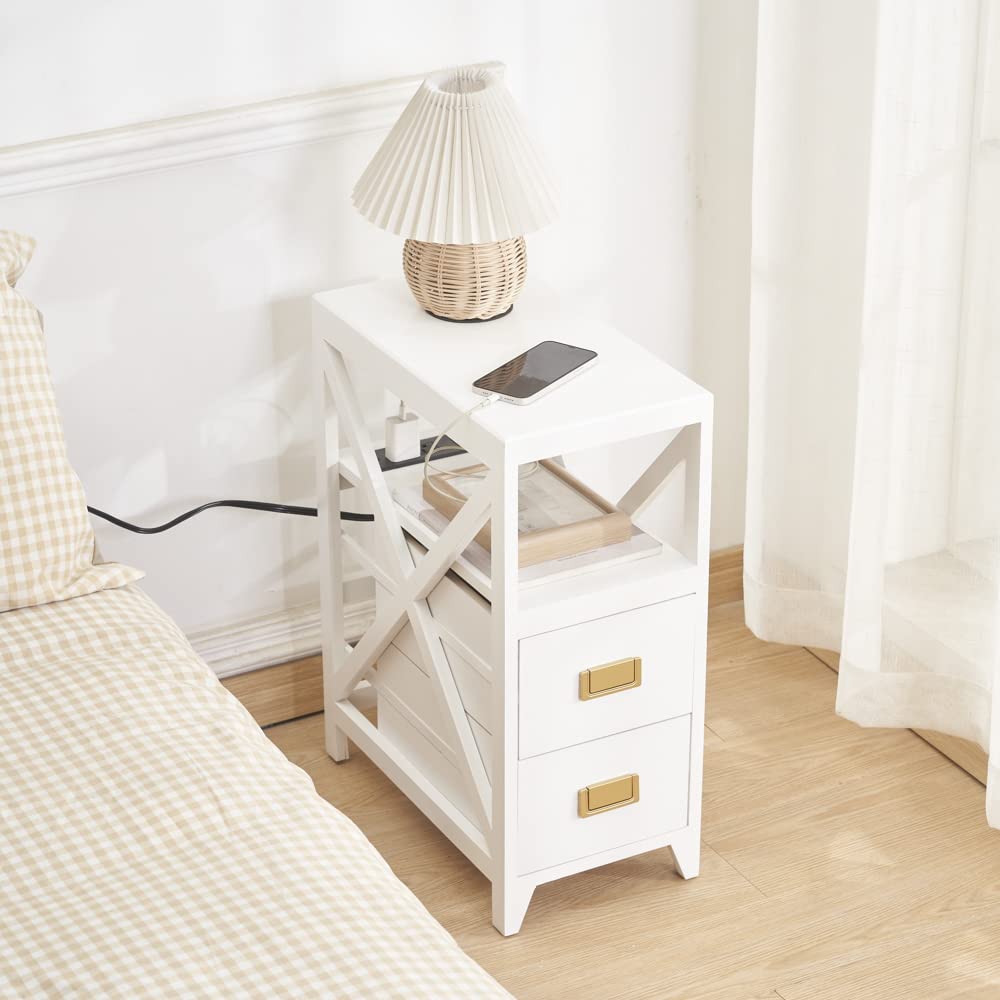 BECTSBEFF Fully Assembled Narrow Side Table with Charging Station, No Assembly Narrow Nightstand with USB Ports, Pre Assembled Skinny End Table with Outlets for Living Room, Bedroom-White