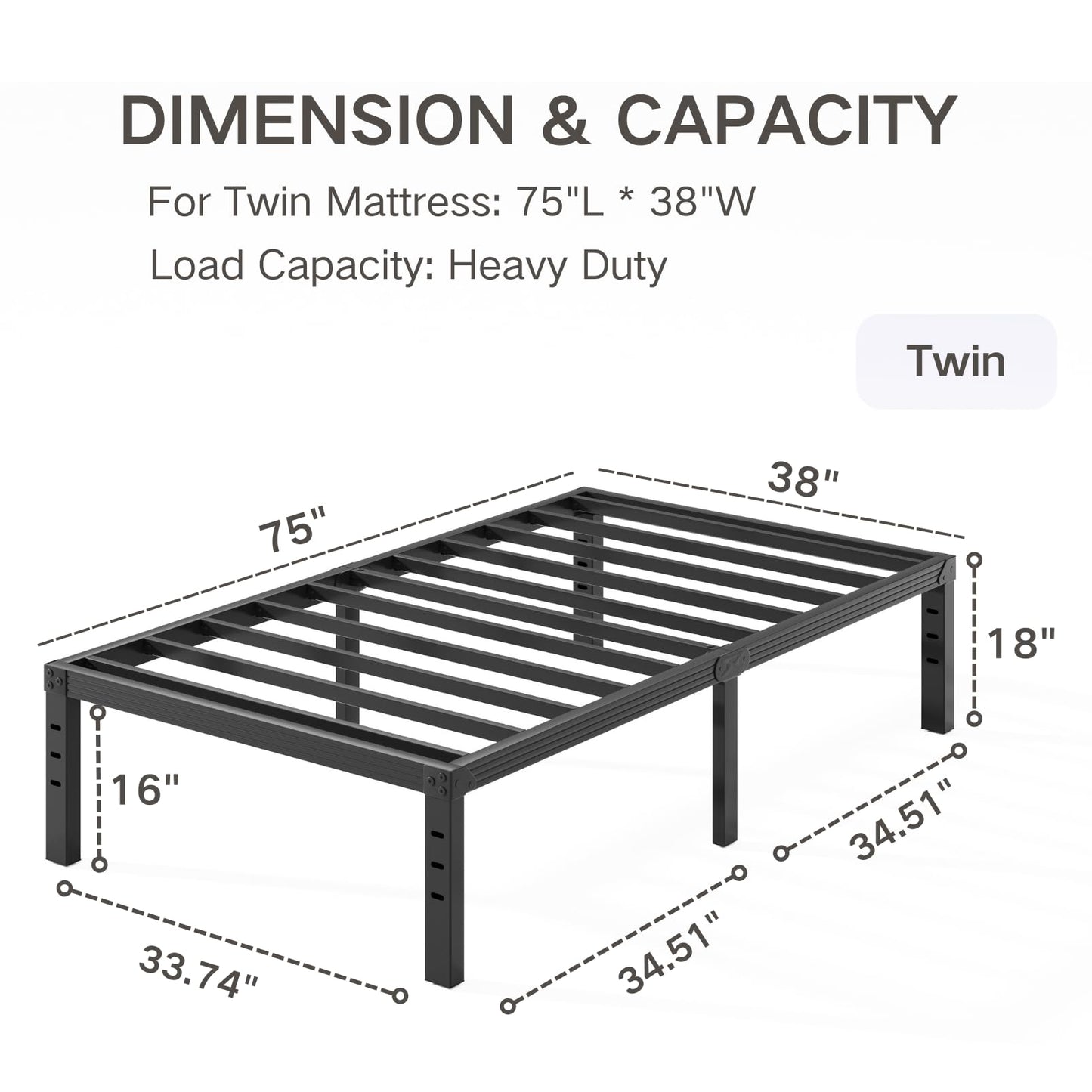 COMASACH Twin XL Bed Frame 18 Inch Tall Metal Steel Slats with Heavy Duty Support for Mattress, No Box Spring Needed,Noise-Free,Easy Assembly