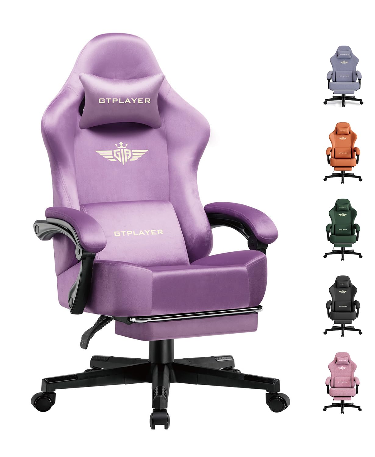 GTPLAYER Gaming Chair Fabric with Pocket Spring Cushion, High Back Ergonomic Computer Chair with Footrest for Adults Lumbar Support Swivel Game Chair for Office Gaming 350LBS, Light Purple