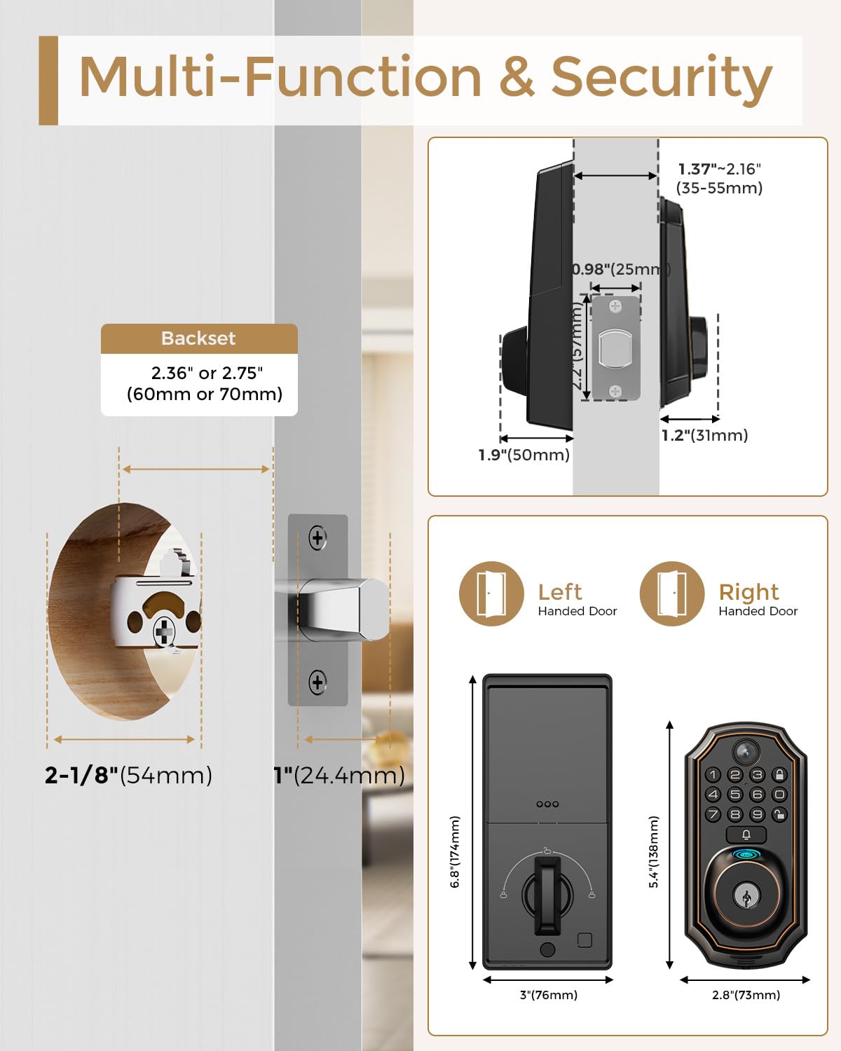 WiFi Video Smart Lock with Camera -Keyless Entry Deadbolt, 5-in-1 (Camera+Doorbell+Fingerprint+Keypad), App Control, Two-Way Audio, Waterproof, Easy Installation