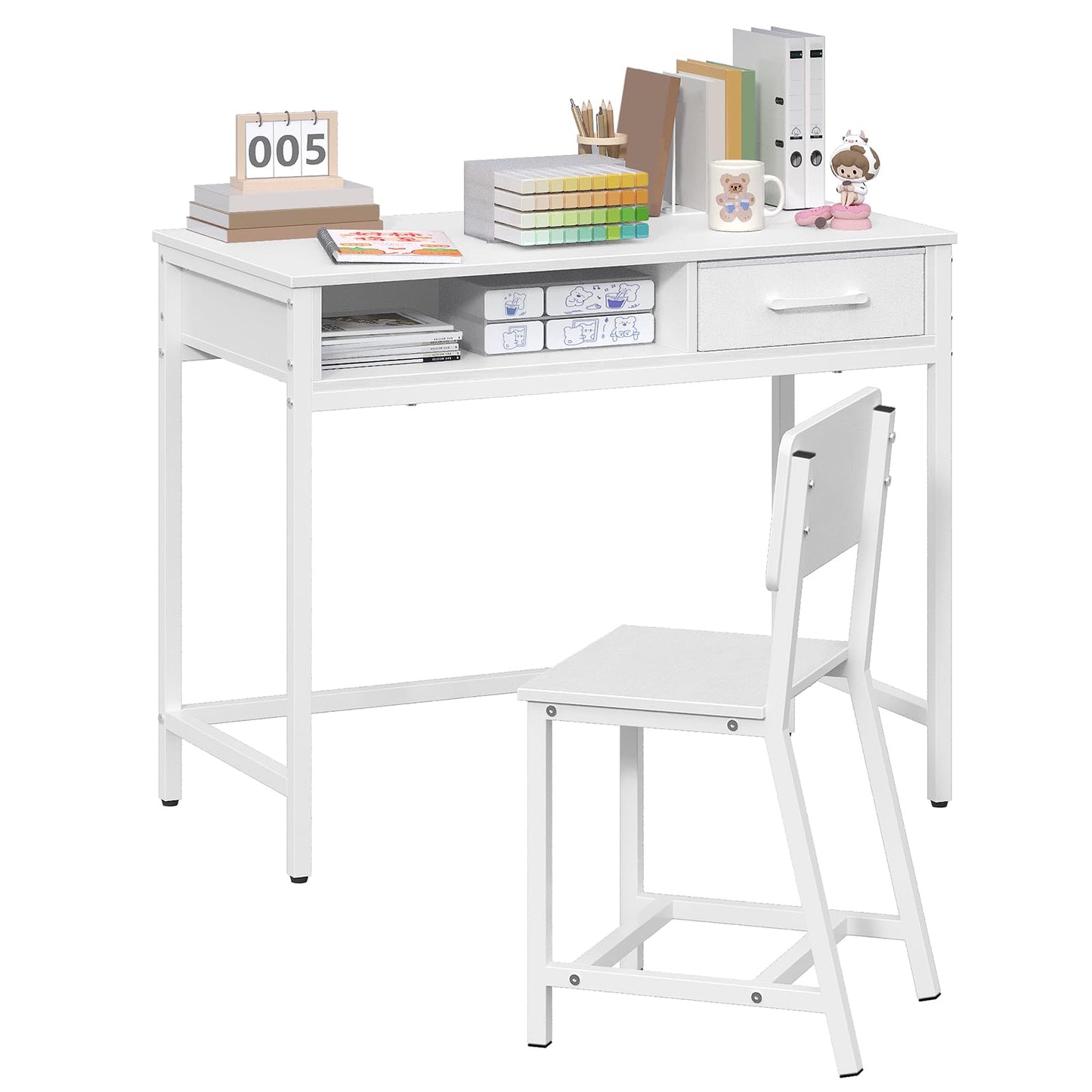 MAHANCRIS Kids Desk and Chair Set, Student Writing Desk, Kids Study Desk with Book Sorter and Fabric Drawer, Kids Wooden Study Table, for Study, Kids Room, Bedroom, White KDBW11901N1