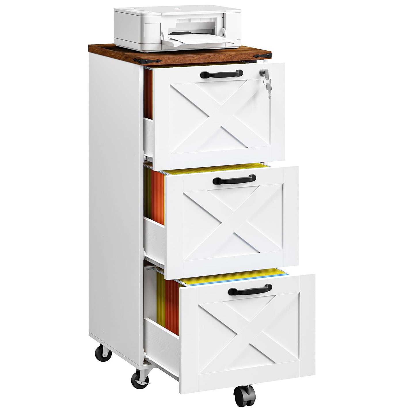 HOOBRO 3 Drawer File Cabinet with Lock, Mobile Filing Cabinet for Home Office, Wooden Farmhouse Office Storage Cabinet, Printer Stand Fits Letter and A4 Size, Walnut and White WH93WJ01G1