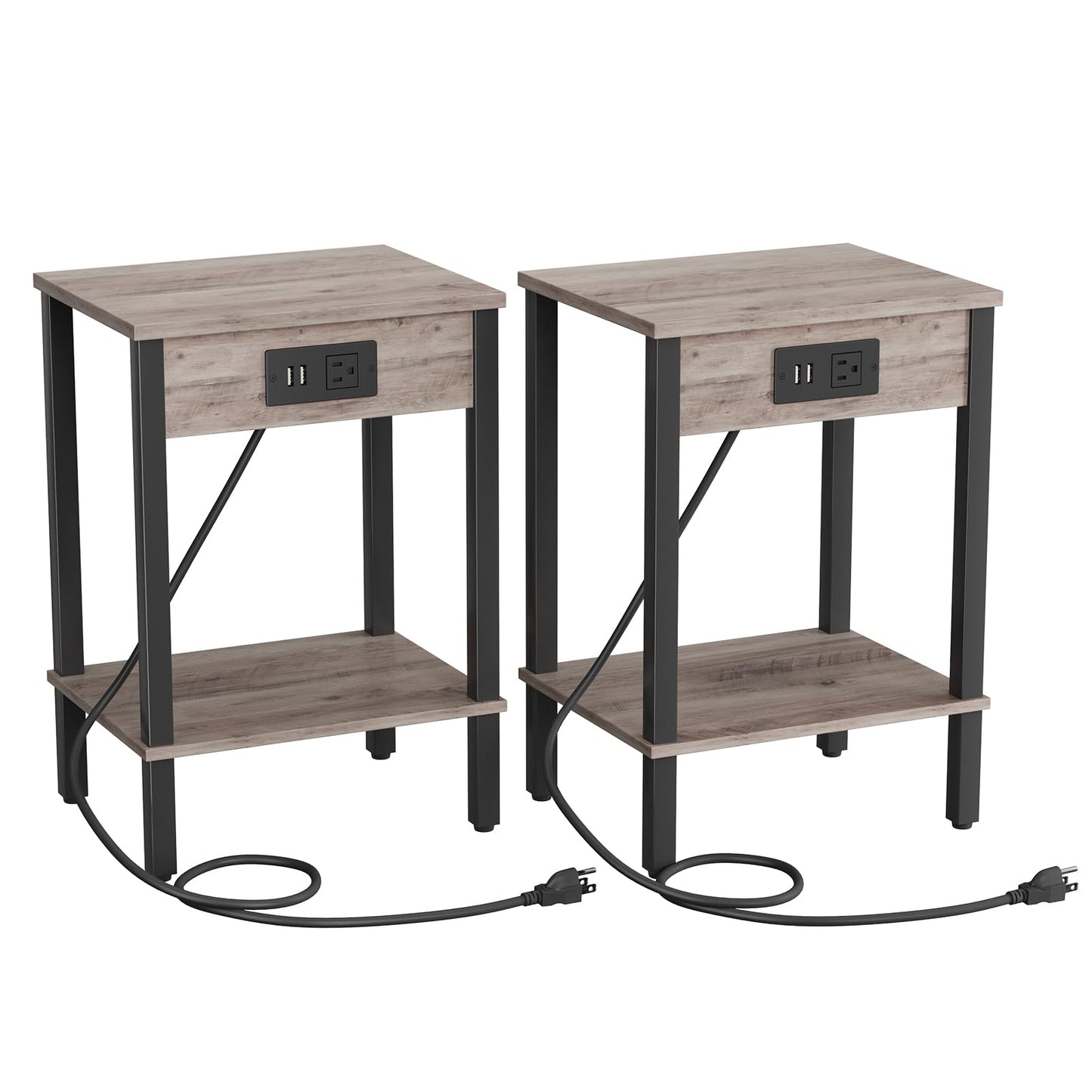 VIMBER Side Table with Charging Station, Set of 2 End Tables with USB Port and Outlets, Nightstands with 2-Tier Storage Shelves, Sofa Table for Small Space, Living Room, Bedroom, Greige