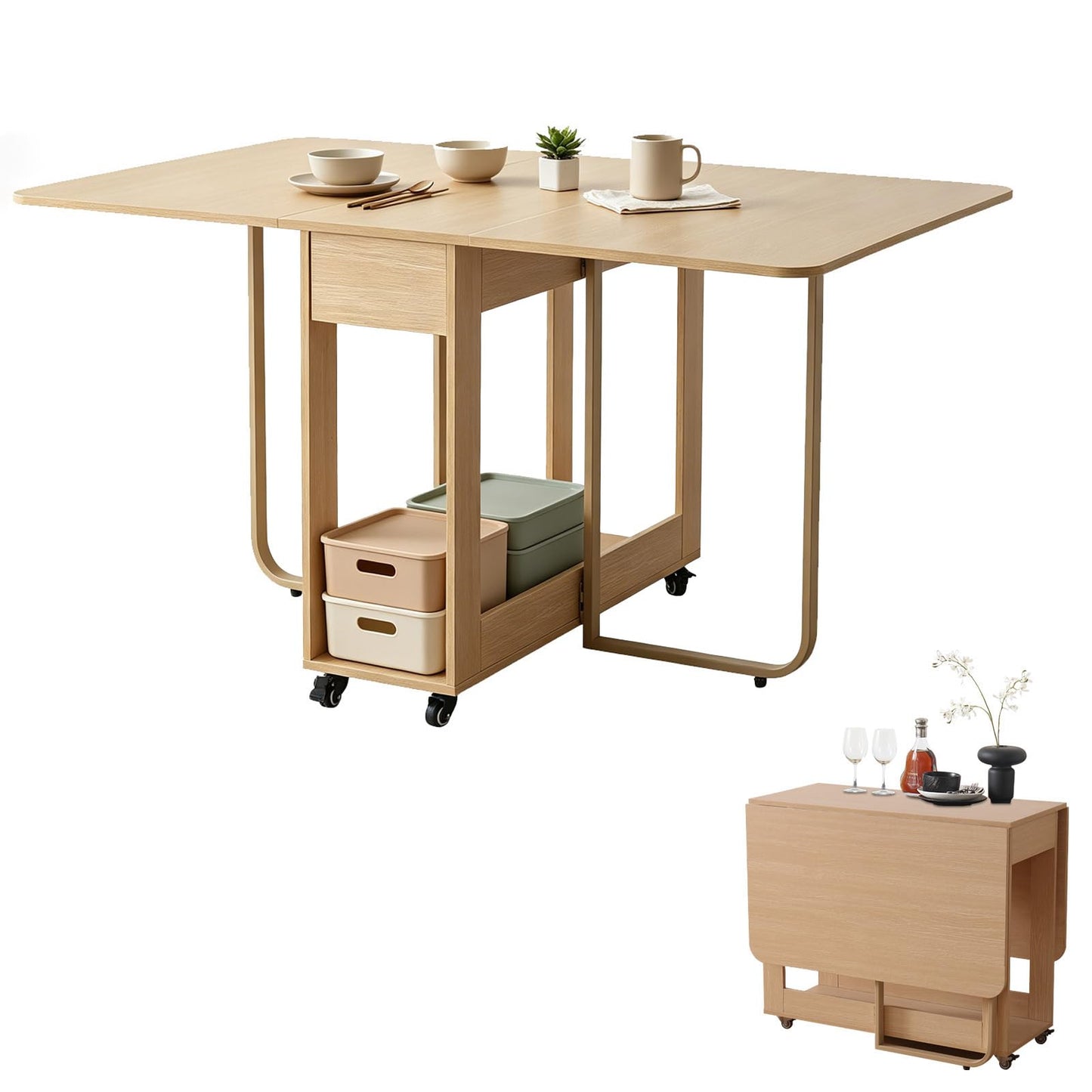 Folding Dining Room Table for 4/6 with 35.4" Extra Wide Space Saving Drop Leaf Table with Lockable Wheels & Storage, Heavy Duty Eco Solid Wood Top 300lb, Convertible Desk for Apartments/RV/Home Office