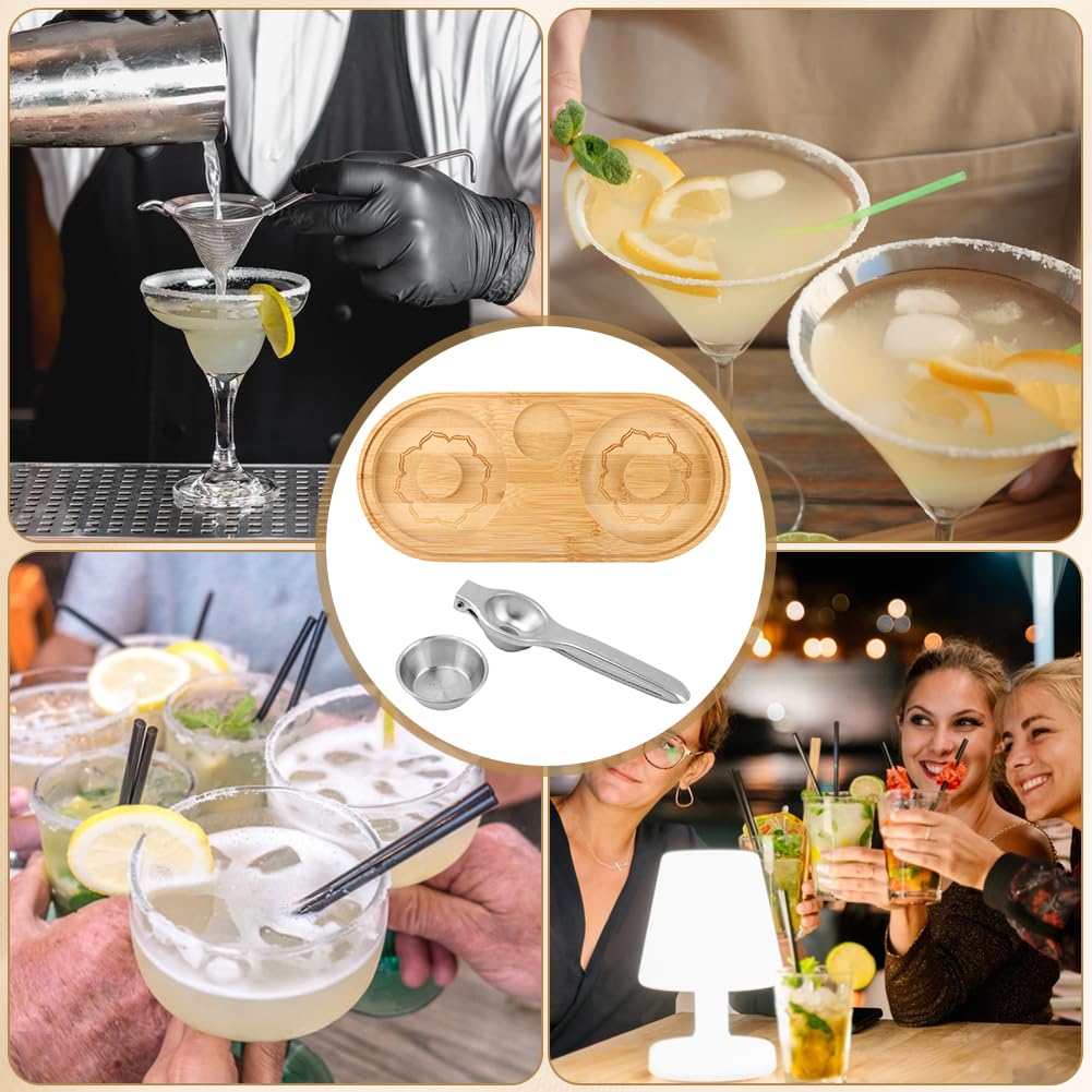Margarita Salt Rimmer Set, Sugar and Salt Rimmer for Cocktails with Bowl and Lemon Squeezer, Wood Bamboo Salts Rimmers for up to 4.72" Rims, Margarita Kit and Bartender Tool