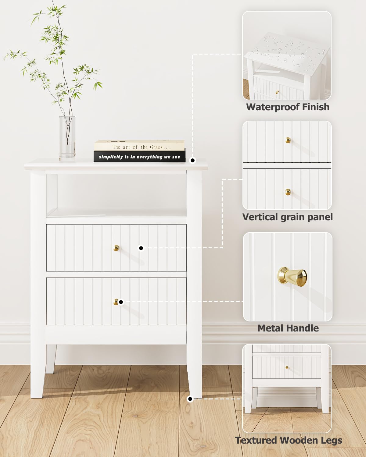 Apetaccat Fluted Nightstand, Farmhouse Night Stand with 2 Drawers, Mid Century Modern Side Accent Table,Bedside End Table for Bedroom, Living Room, White