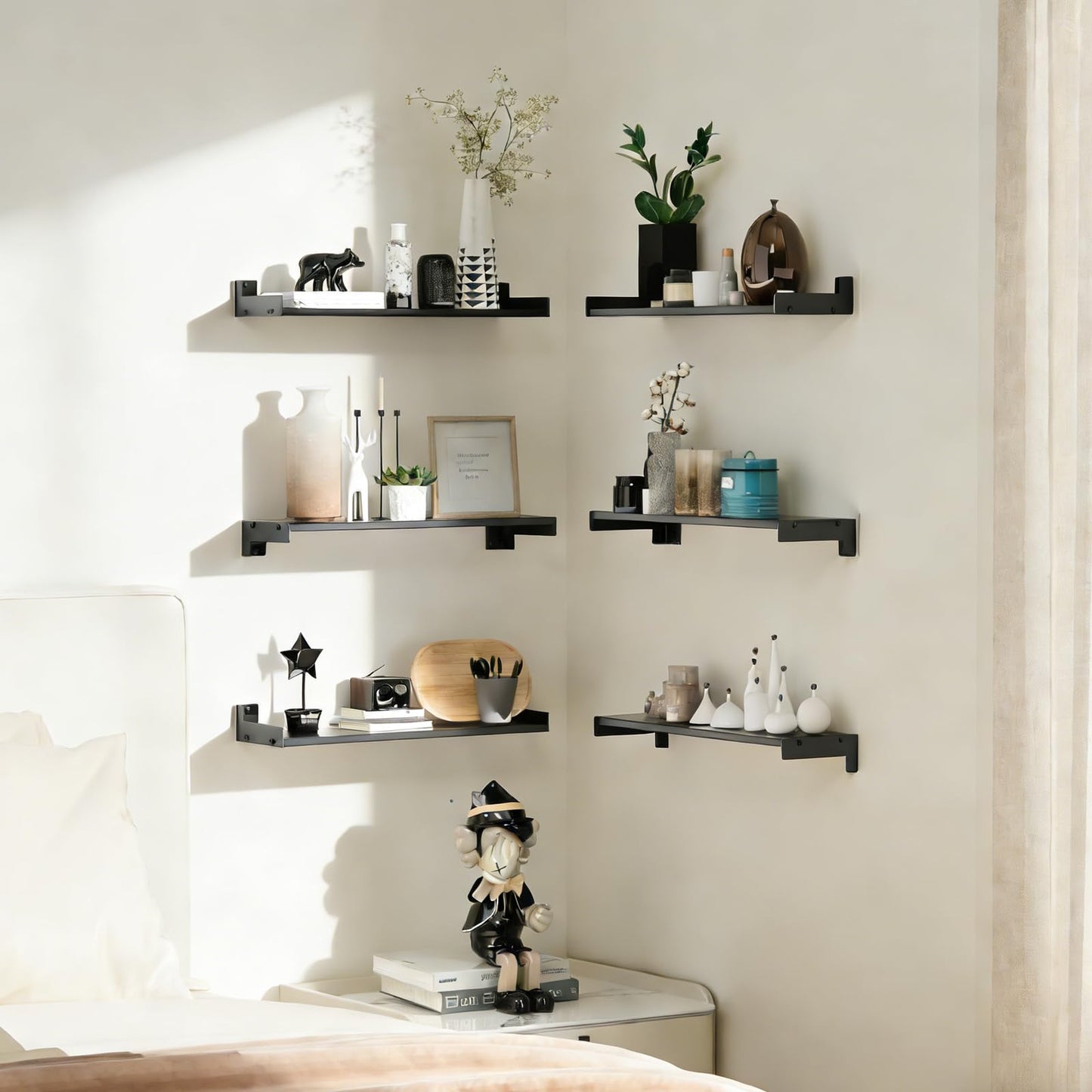 FNBAR Floating Shelves for Wall, Shelves for Decor Storage Set of 6, Wall Mounted Wood Shelf for Bedroom, Living Room, Bathroom, Kitchen,Long Picture Ledge Shelves.(Black)