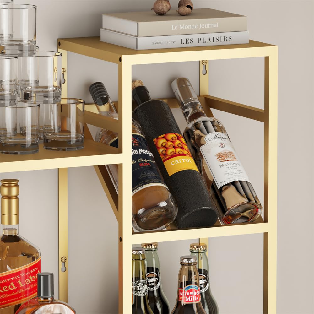 KaKaBB Metal Floating Bar Liquor Shelves 2 Tier, Wall Mounted Wine Rack with Glass Holder Storage, Wall Bar Shelf Wine Display Storage Holder for Kitchen Dining Room(Gold)