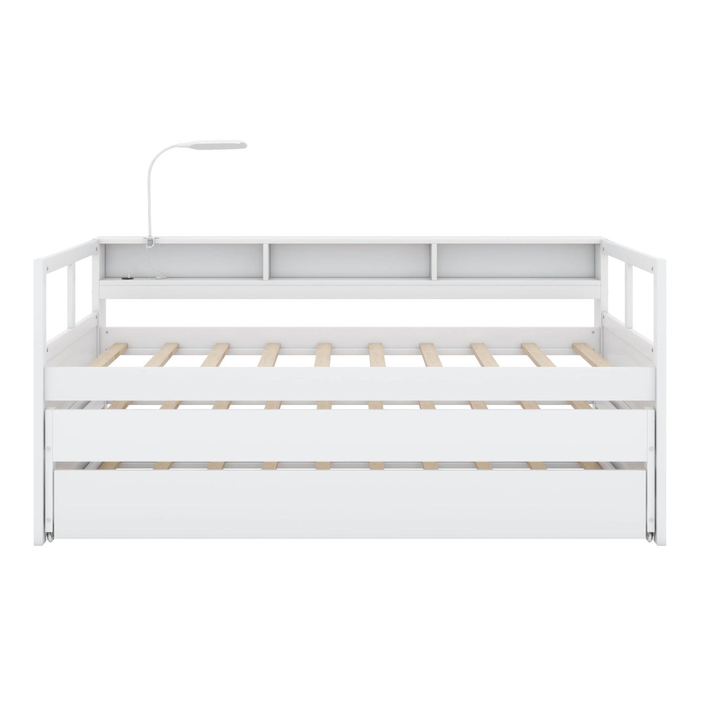 YunNianYang Twin XL Wood Daybed with 2 Trundles, 3 Storage Cubbies, 1 Light for Free and USB Charging Design (White)