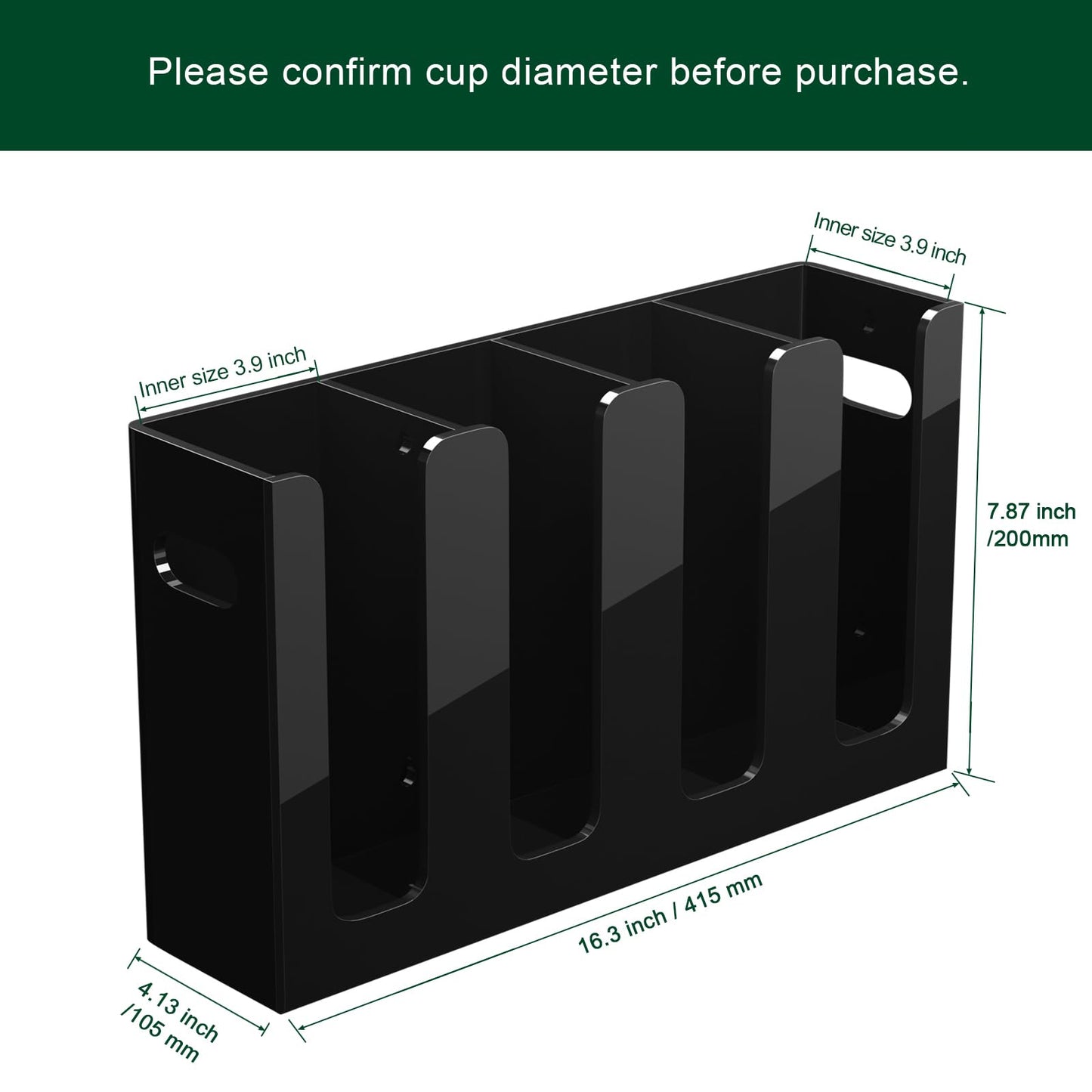 BOSSCASA Disposable Coffee Cup Dispenser with Handles, Countertop or Wall Mount Hot/Cold Drink Cup and Lid Holder - Bathroom/Kitchen/Office Acrylic Cup Lid Storage Organizer (4 Compartments, Black)