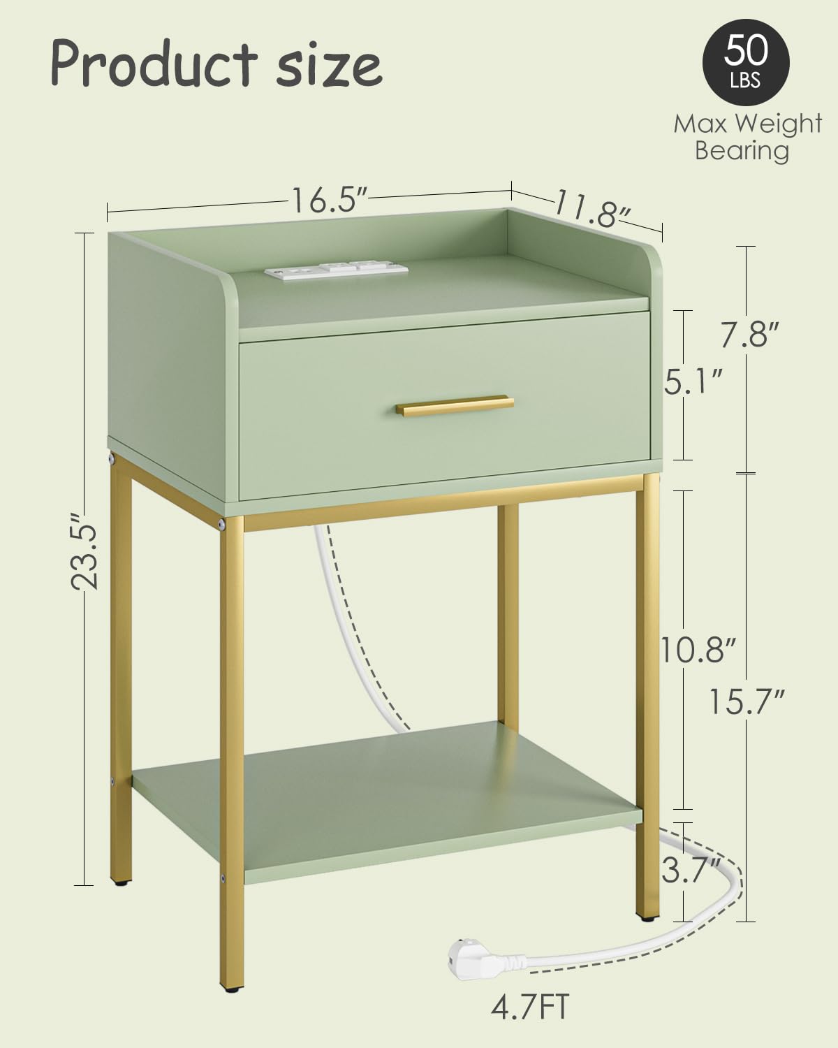 Apetaccat Nightstand with Charging Station,3-Tier Modern Bedside Table Night Stand with Storage Drawer and Open Shelf,Small End Side Table for Bedroom,Living Room,Green