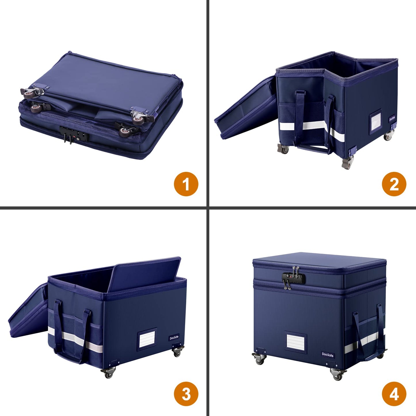 DocSafe File Box with Lock, 2-Layer Fireproof Document Box with Wheels,Collapsible File Storage Organizer with Pockets,Large Portable Office Filing Cabinet Hanging Folders,Blue,16''x13.8''x12.2''
