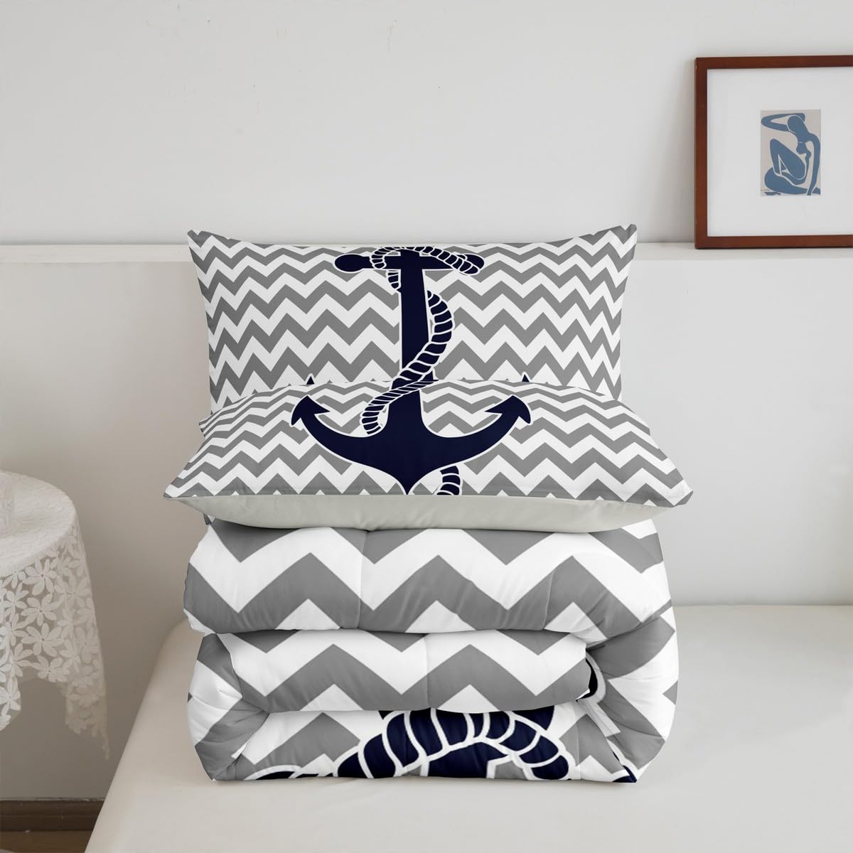 Castle Fairy Nautical Anchor Comforter Set Twin Size,Geometric Gray Stripe Bedding Set 2pcs for Kids Teens Adults Room Decor,Ocean Adventure Themed Quilt Set Modern Abstract Duvet Insert,1 Pillowcase
