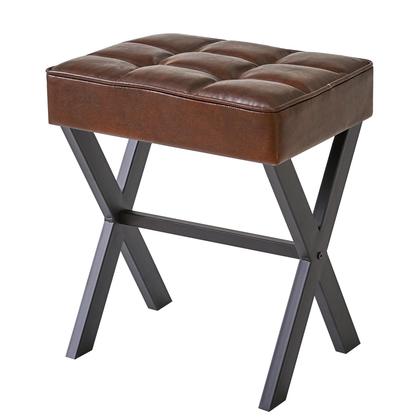 IBUYKE Square Makeup Stool with X-Leg Foot Rest, PU Footrest, Ottoman Seat, Multi-Use as Small Side Table, for Bedroom, Living Room, Light Brown LG-71J