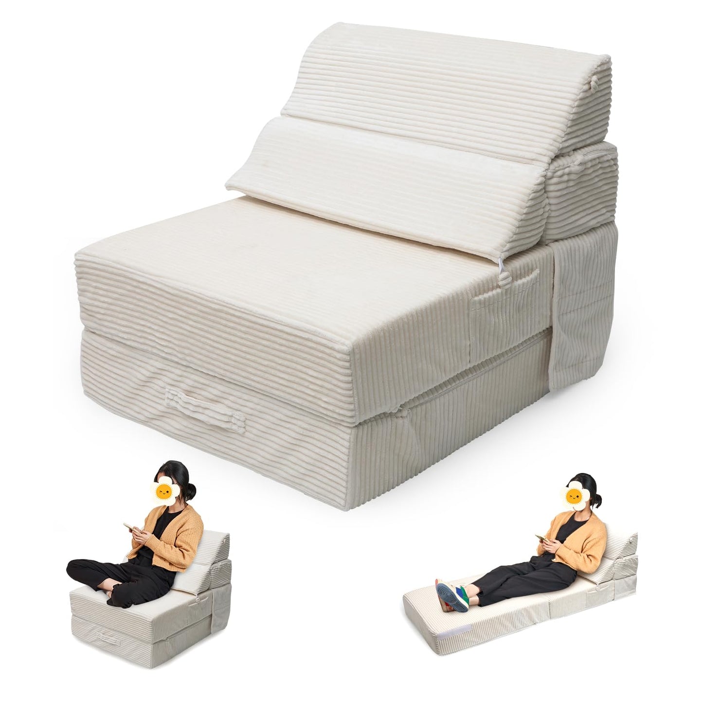 INRLKIT Cozy Folding Sofa Bed Convertible Sleeper Chair Couch Foldable Floor Mattress Comfy Portable Floor Sofa Lounge for Living Room Bedroom(77"x26",Beige White,30D Density Foam)