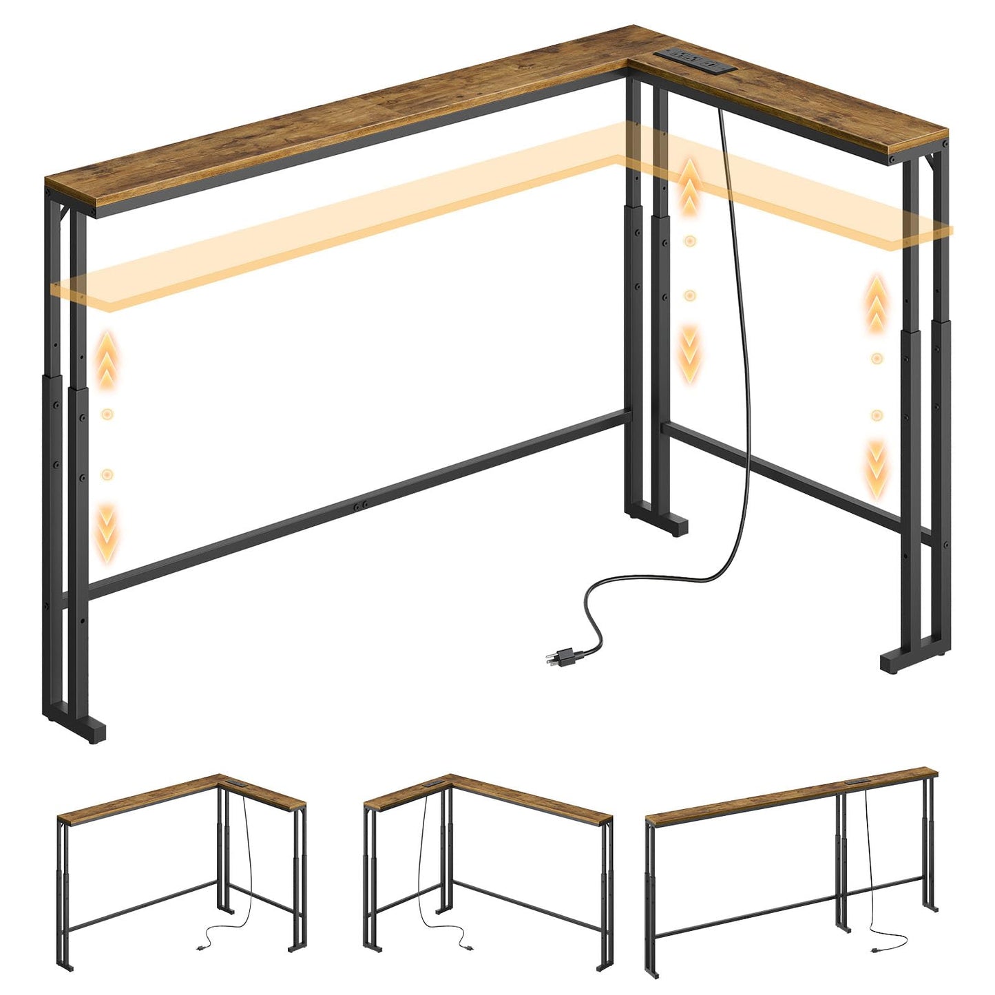 YATINEY 78.7" Narrow Console Table with Adjustable Height (27.6"-35.4"), L Shaped Sofa Table Narrow Long, Skinny Behind Couch Table with USB-C Ports, 5.9" Wide Sofa Side Table, Rustic Brown CT29UBR
