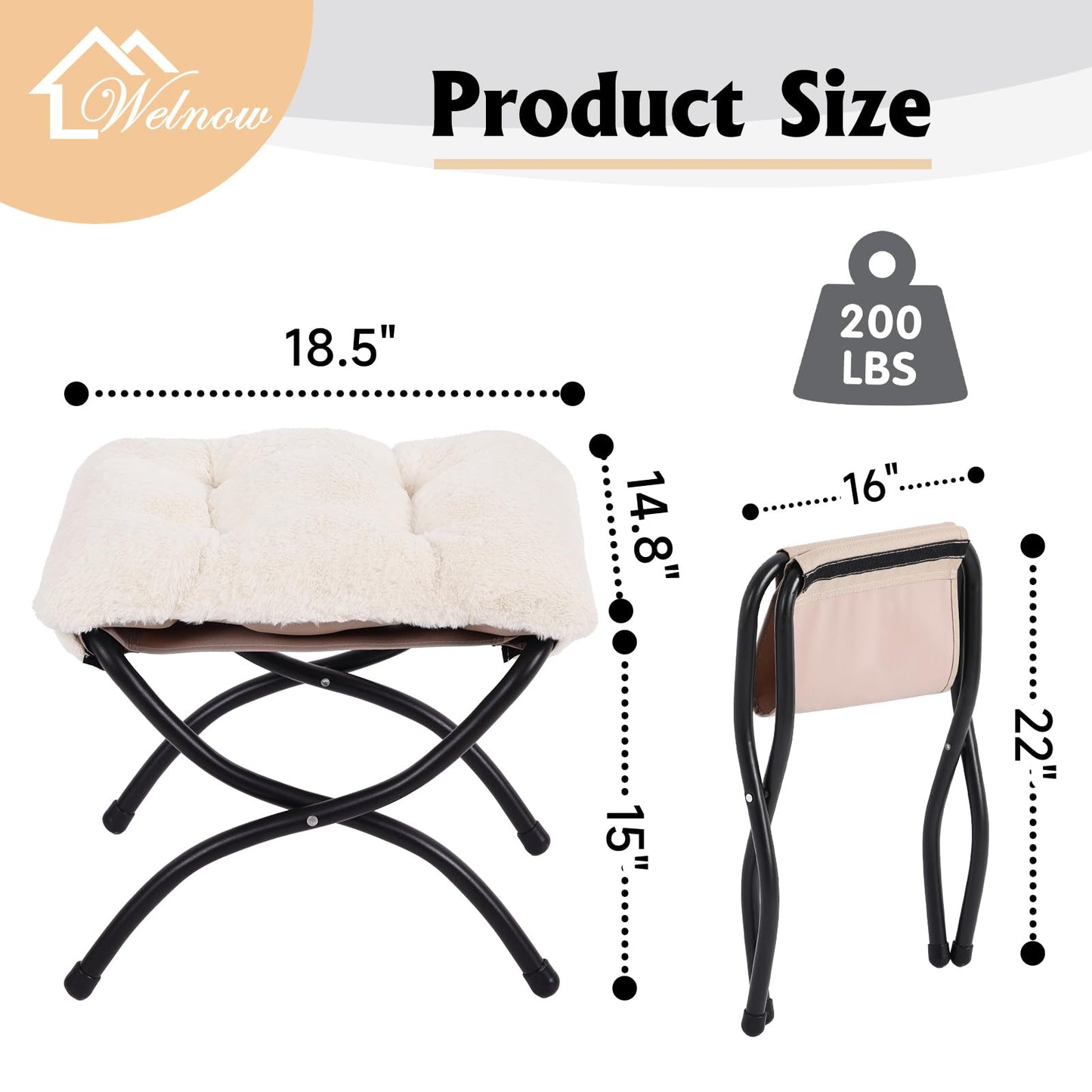Welnow Folding Foot Stool, Upholstered Small Accent Ottoman with Detachable Thick Cotton Cushion Padded Sofa Stool and Metal Frame for Lazy Chair, Living Room, Bedroom, Plush Beige