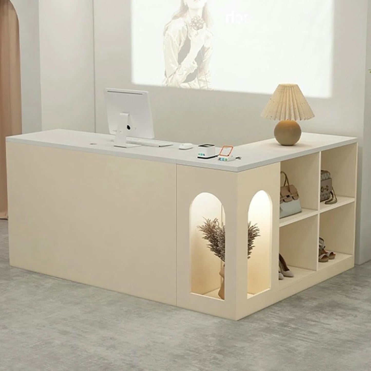 L-Shap Reception Counter, Front Modern Retail Checkout, Reception Counter Desk with Lockable Drawers, for Clothing Store, Company Retail Counter, Coffee Shop