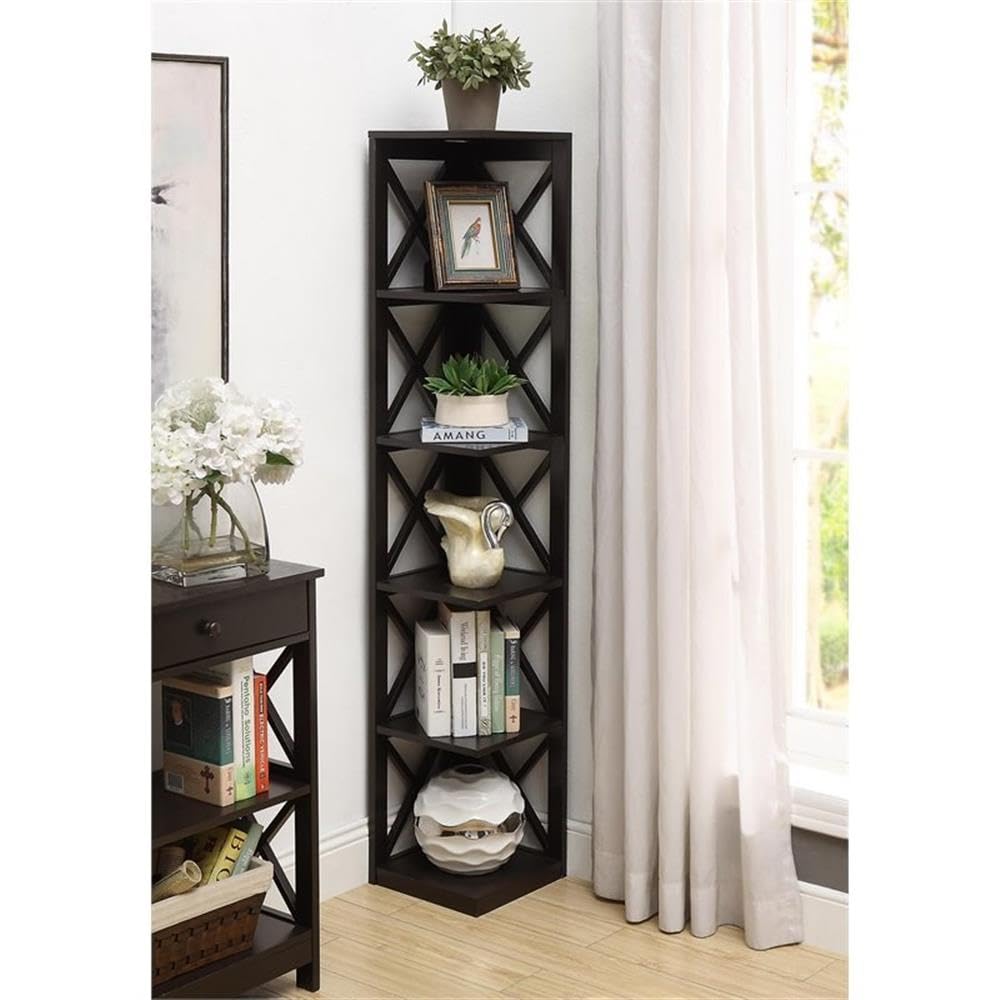 Convenience Concepts Oxford Corner Bookcase 12" - 5-Tier Slim Farmhouse Bookcase for Modern Living & Family Room, Media Storage Organizer for Home Office Library, Tall Shelving Unit, Espresso