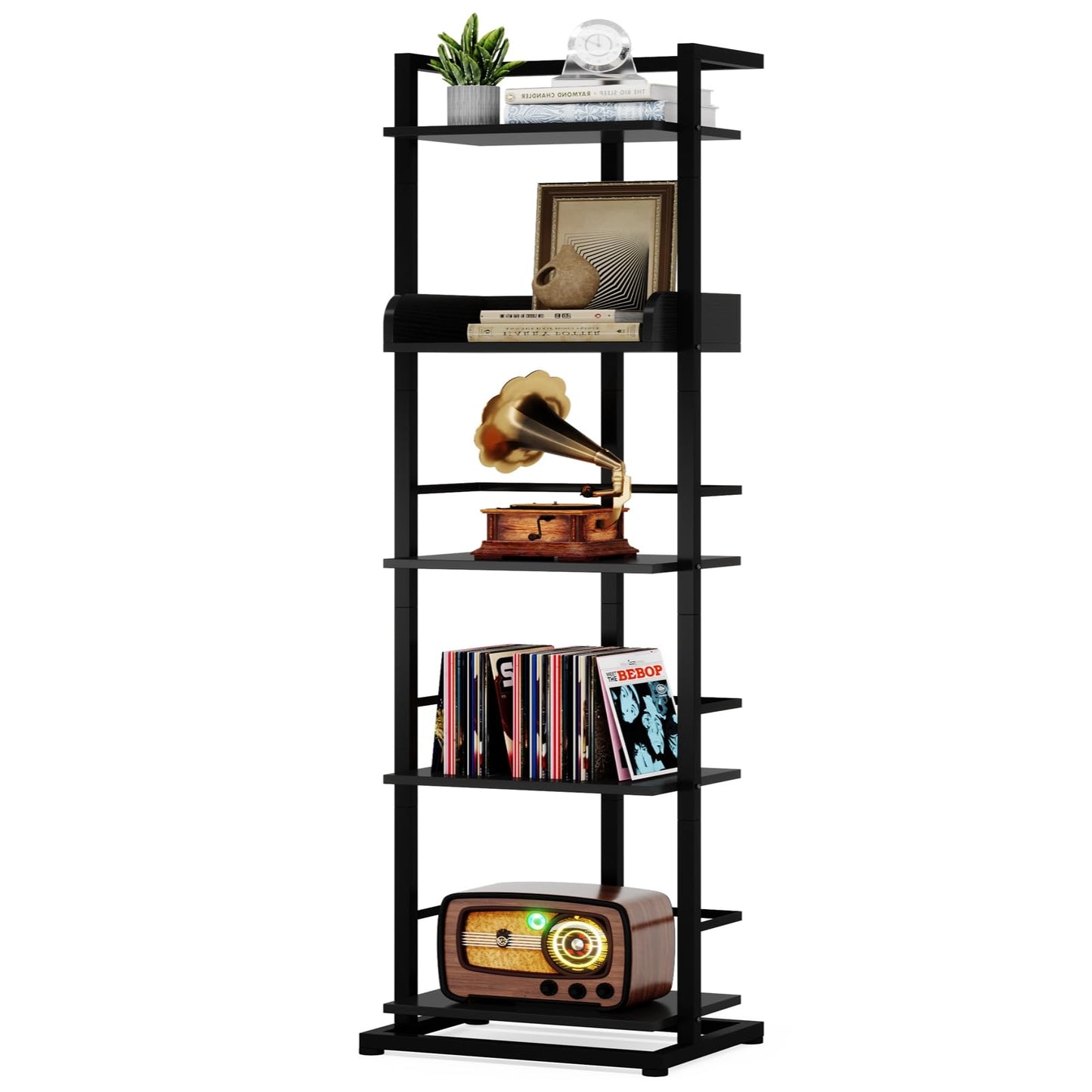 Hosfais Book Shelf Tall Bookshelf: 5 Tier Wood Bookcase with Metal Edge Protection Industrial Narrow Bookshelf Corner Storage Organizer Display Book Rack for Living Room Bedroom Home Office (Black)