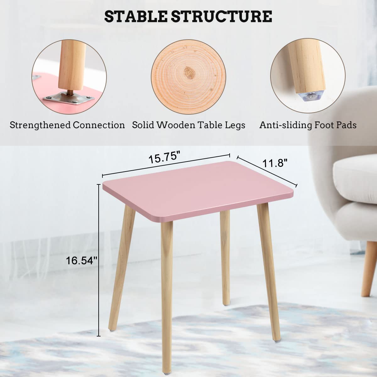 FORAOFUR Small Accent Table, Modern Mini Coffee Table with Natural Wood Legs, Quick Assembly End Furniture for Bedroom Living Area Sofa, Minimalist Design for Nuresery and Compact Homes, Pink