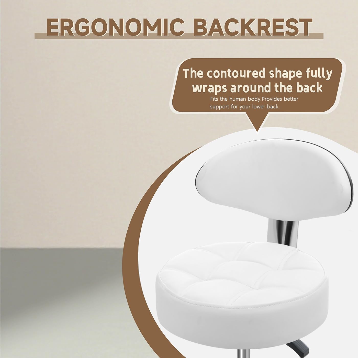 Kaleurrier Rolling Stool with Back Support: Adjustable Height 22-30 inches for Nail Lash Tech Stylist - Heavy Duty Stool Chair with Wheels for Salon Shop Office Kitchen Garage White