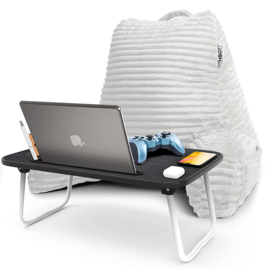 Nestl White Reading Pillow with Bed Desk for Laptop and Writing, Luxe Cut Plush Back Pillow for Sitting Up, Back and Arms Adjustable Support for Adult and Teens, Foldable Lap Desk for Bed 22x14”