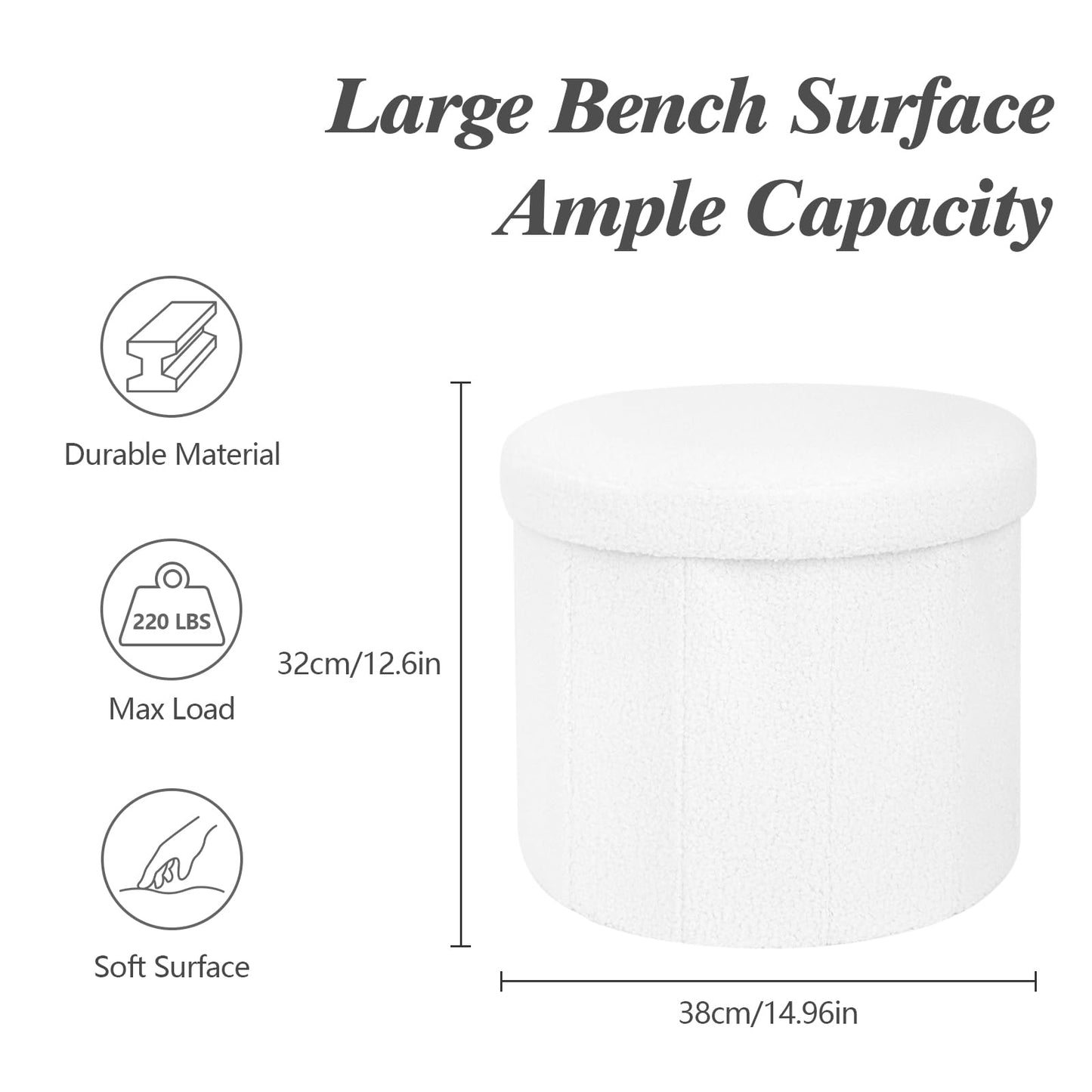 BoxedHome Dorm Room Storage - Round Cute Ottoman with Storage, Boucle Foot Stool Footrest for Lving Room, Support 220lbs, White 15"x 15" x12.6"