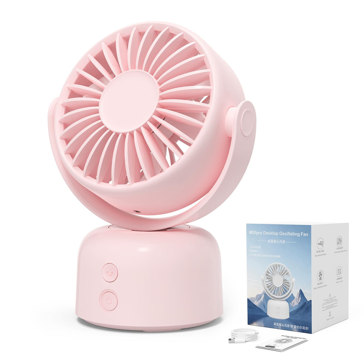 Mizong Small Oscillating Desk Fan USB Rechargeable 3 Speed Portable Mini Cooling Fan Quiet Personal Fan for Home Office Bedroom