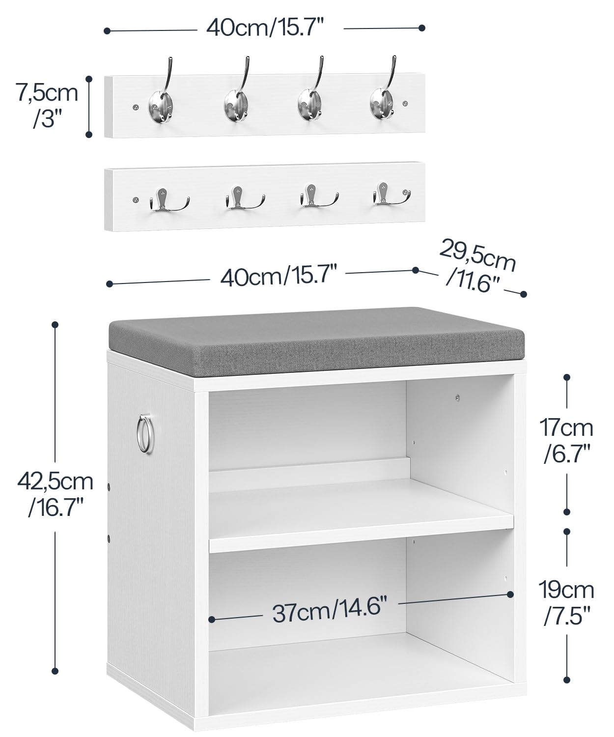 HOOBRO Shoe Storage Bench with Cushion, Entryway Bench with Coat Rack Set, Small Shoe Storage Organizer with Adjustable Shelf, for Narrow Hallway Foyer, Bedroom, White and Gray WG28HX01