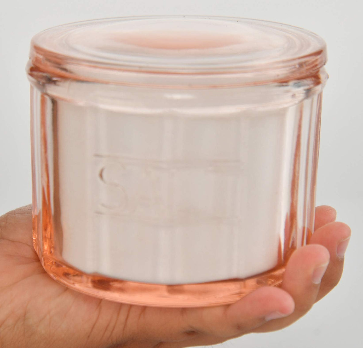 HOME-X Depression Style Pink Glass Salt Cellar with Lid, Retro Kitchen Decor, Wedding Gift - 3 1/2" H x 4" D